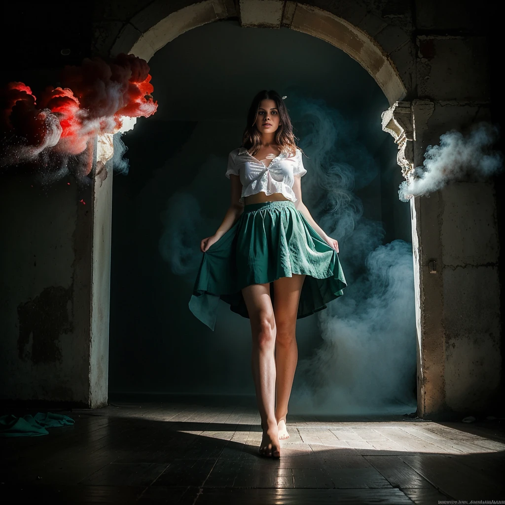 A highly detailed and hyper-realistic depiction of a princess in green skirt, in blue shirt, wearing white panties, Realistic hands. ((full body)), mybeauties, The perspective is from below. ((Full body, bare feet)). The character is surrounded by mist, evoking a mysterious and eerie atmosphere. The lighting is dark and atmospheric, with a red smoke adding a touch of sinister ambiance. The image is of the best quality, with a resolution of 4k and HDR enhancement, showcasing the utmost level of detail and realism, sfw, full body shot.