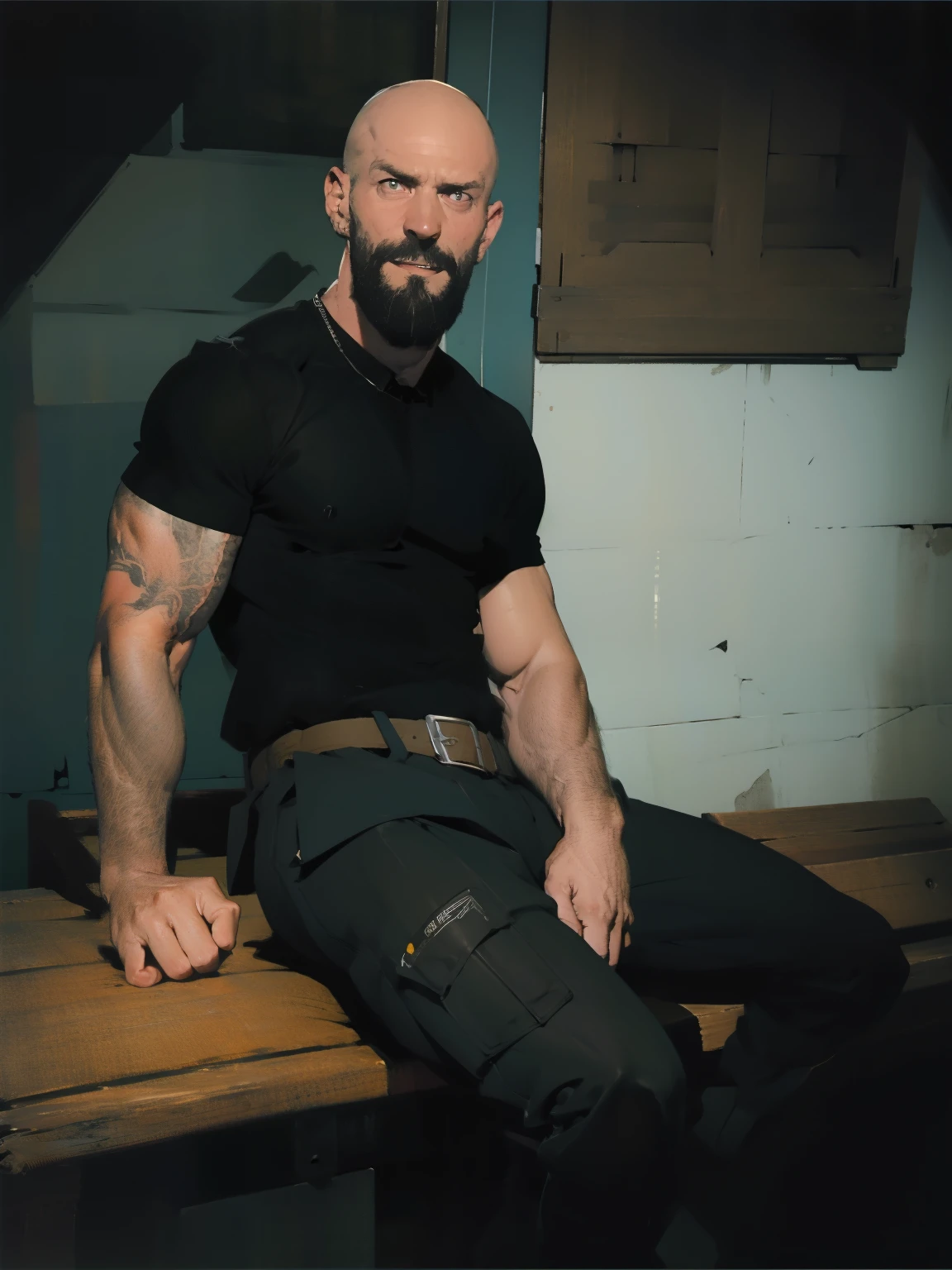 tall bald handsome man with beard, daddy, dark tattoos, lean fit body, black shirt, 30yo, dynamic lighting, lean body, black belt, silver emblem on shirt, character sheet, sitting on bench, man spread, laid back personality, full body, skater shoes, ripped loose cargo pants