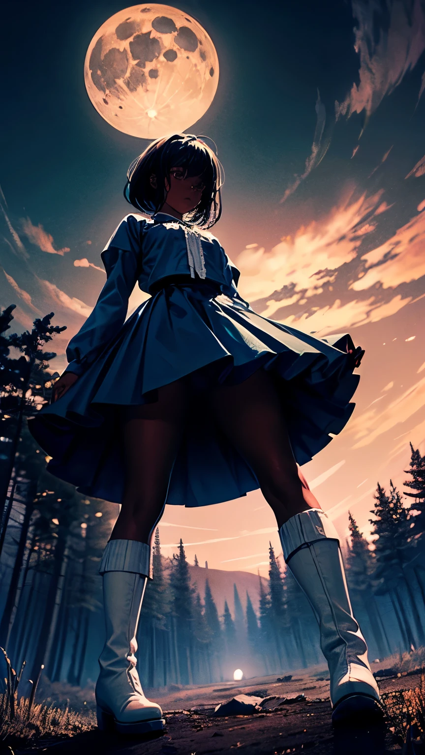 dark skin girl, blue clothes, long-sleeves puffy shirt, tulle skirt, white boots, forest at night, moonlight, giant moon, darkness, view from below, (UHD, masterpiece, ccurate, anatomically correct, textured skin, super detail, high details, award winning, best quality, 8k)