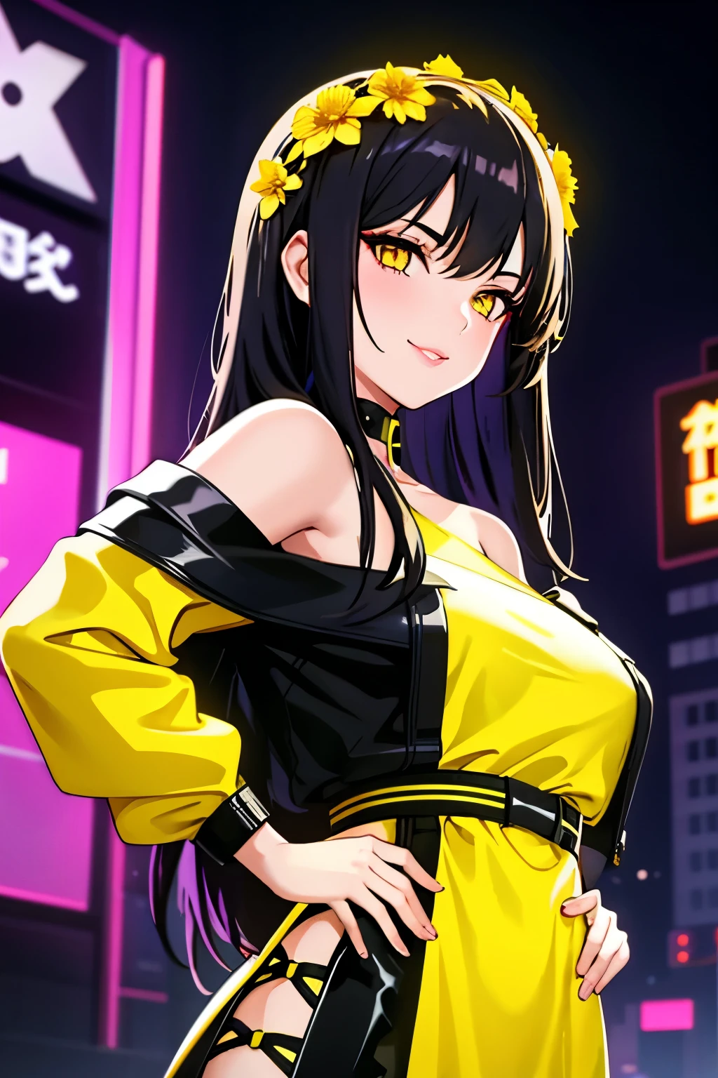 1girl, solo, wavy black hair, looking at viewer, lips, alluring smirk, long hair, upper body, off shoulder, shirt, cyberpunk, glowing hazel eyes, yellow neon lights,(cyberpunk:1.2), looking over shoulder, yellow flower crown, hands on hips, yellow and black latex clothing