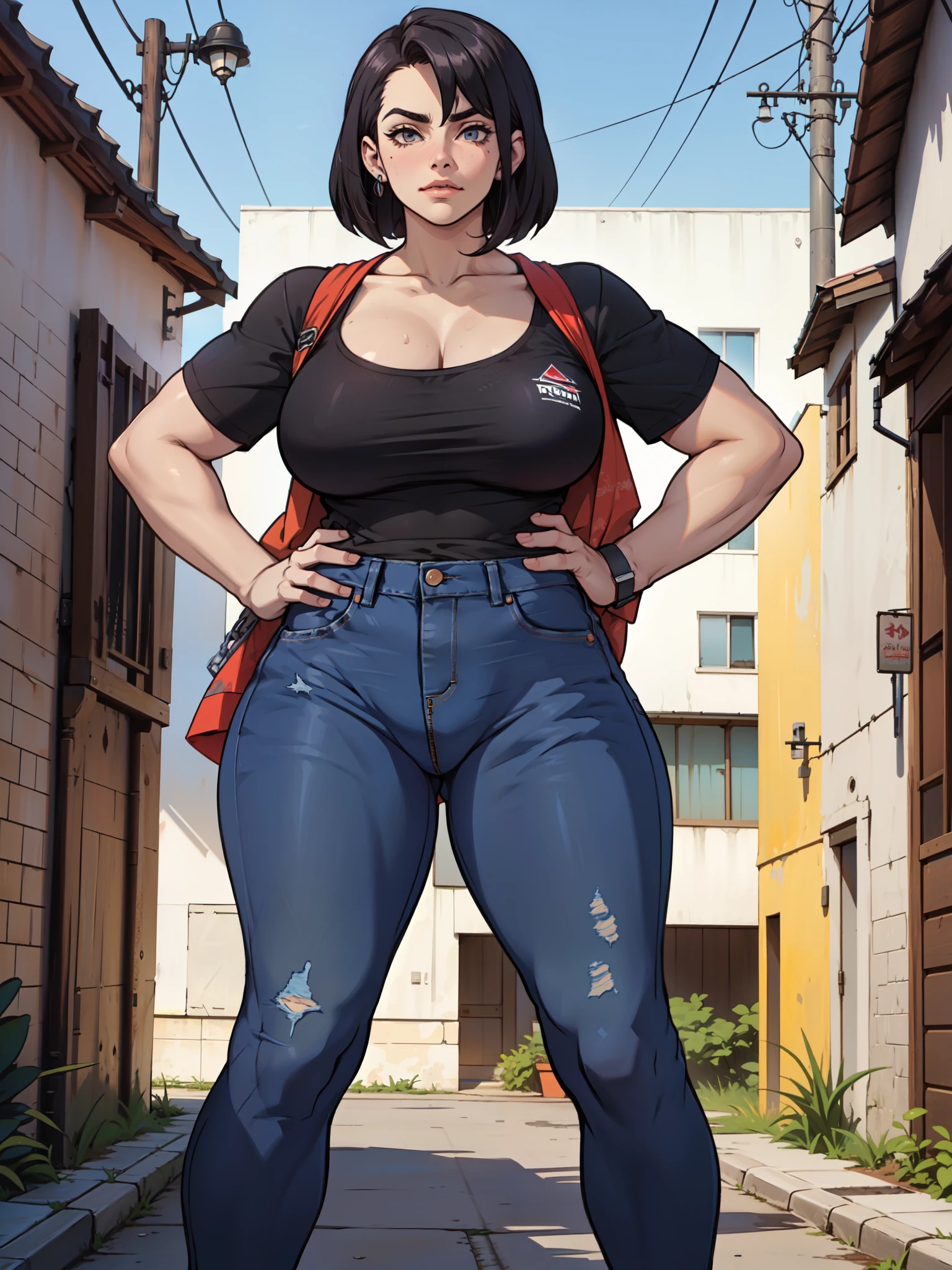 (obra de arte, melhor qualidade:1.2), 2 garota,Cara a cara, olhem um para o outro, standing_dividir,both standing dividir，jeans azul, corpo todo, massive pubis