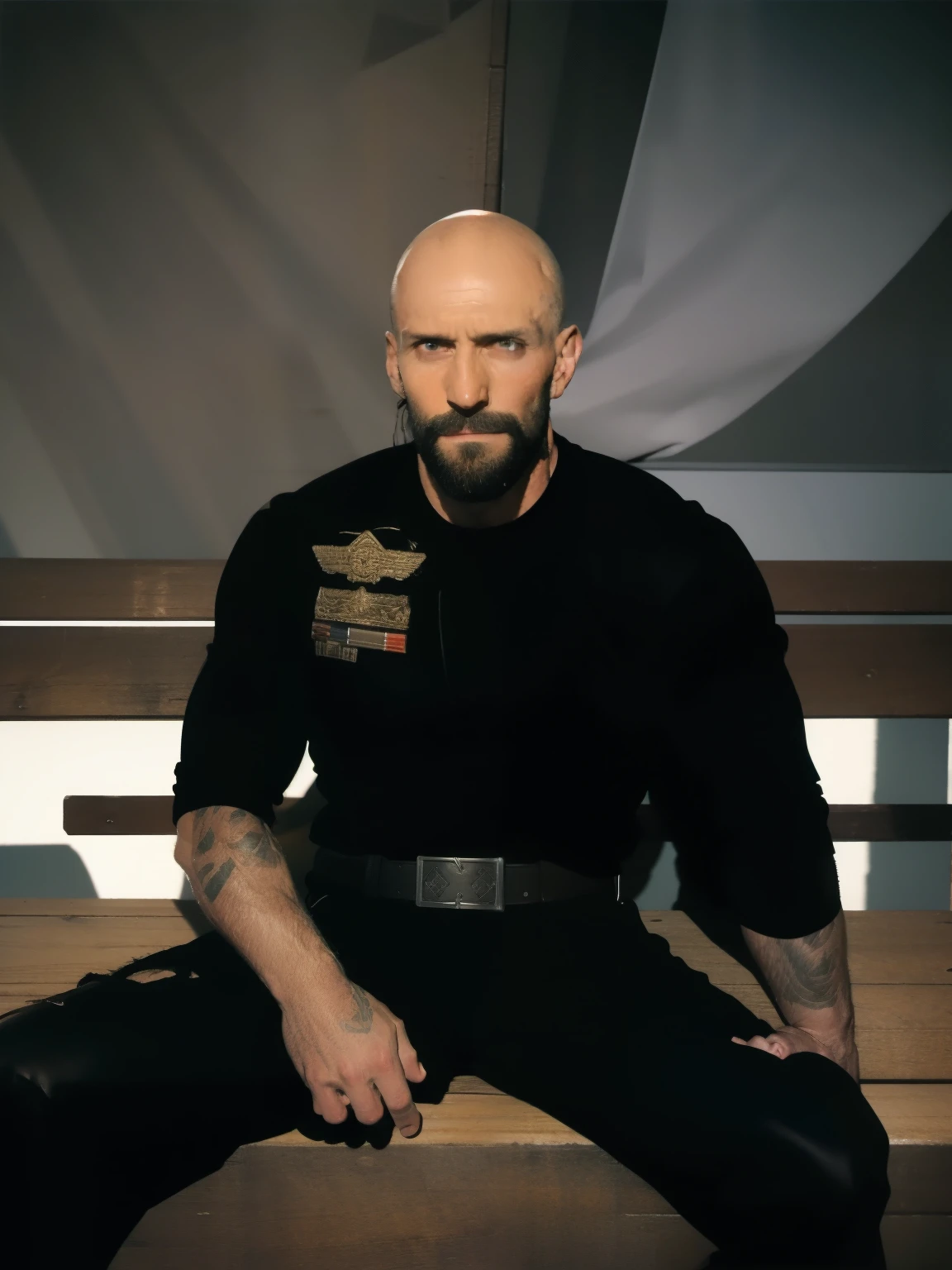 tall bald handsome man with beard, daddy, dark tattoos, lean fit body, black shirt, 30yo, dynamic lighting, lean body, black belt, silver emblem on shirt, character sheet, relaxing on bench, wide man spread, laid back personality, full body, skater shoes, loose ripped cargo pants