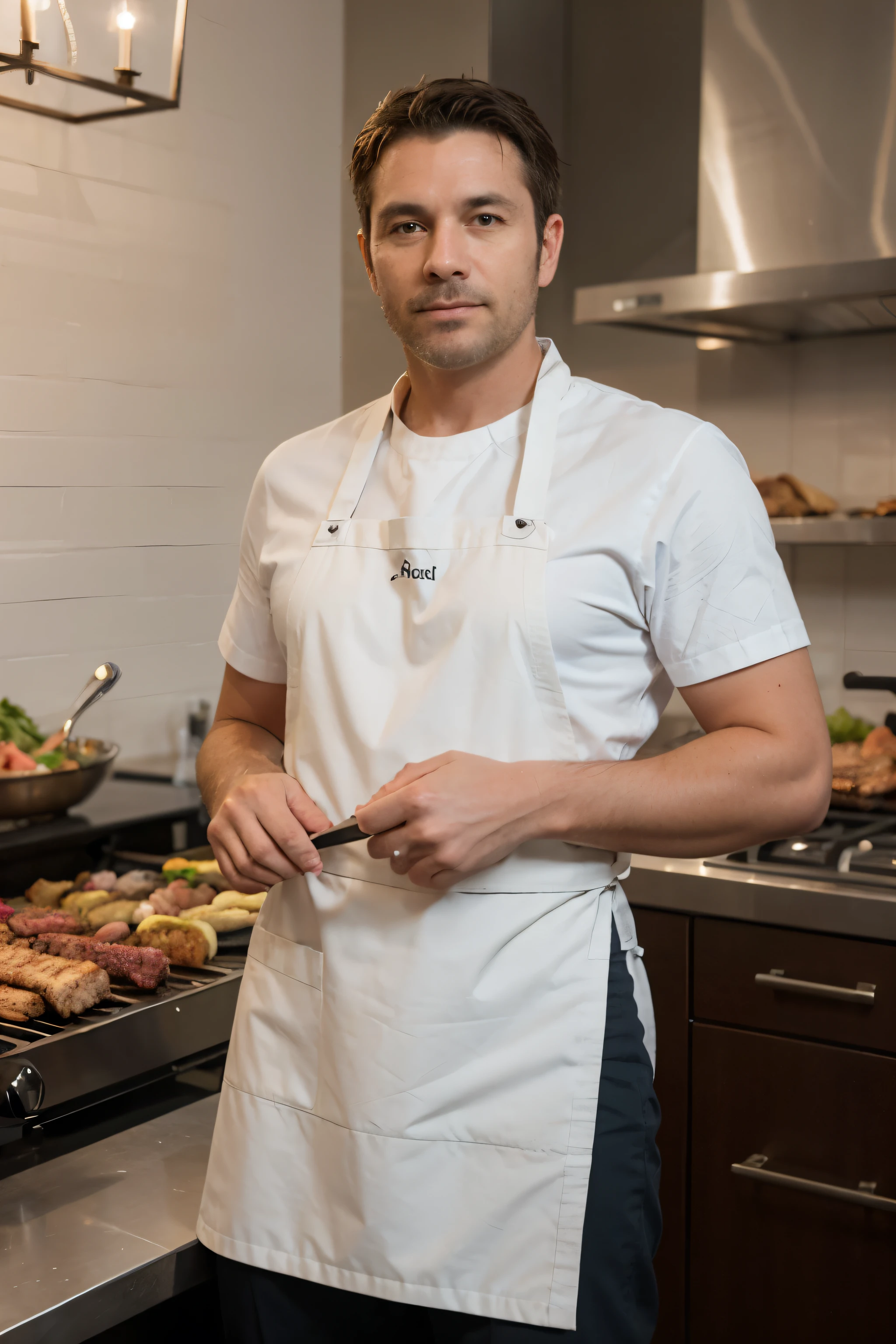 ((best quality)), ((masterpiece)), (detailed), perfect face male 40-years old restaurant chef wearing a "Under NY Sky" knife-roll apron from this page: https://undernysky.com/products/utility-apron-heavy-duty-canvas-folds-into-knife-roll-leather-trim-chef-bbq-butcher?variant=39316978630769