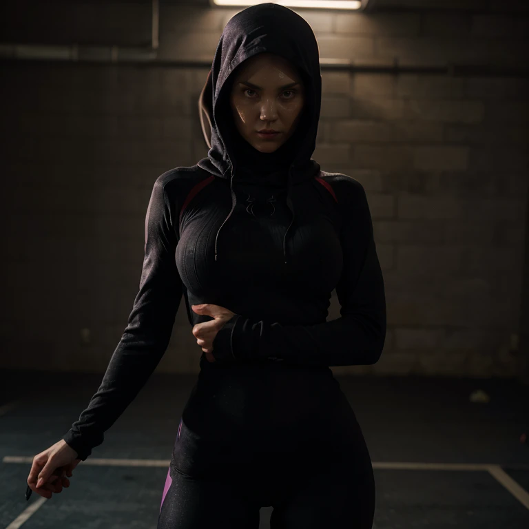 "Symbiote feminine Ghost Spider-Gwen" with a posture that shows strength doing high intensity workout, "looking sweatier", "in a suit with extreme velour", "with a quixotic luxurious velvety suit, thick and plush all black ribbed turtleneck hoodie and full mask on", against a backdrop of a dimly lit gym, "dramatic shot in hyper Realistic with emphasized shadows", "more sweaty"