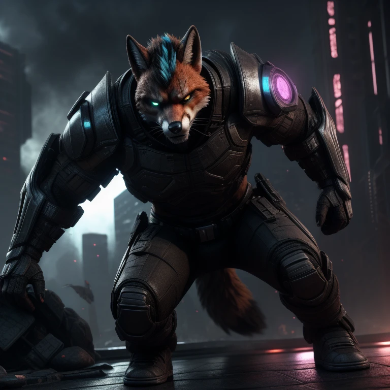 (best quality,3d render:1.2),urban warrior, fox face, muscular body, intense gaze, menacing presence, armored suit, high-tech weaponry, dystopian cityscape, atmospheric lighting, gritty and dark tones, smoky background, dynamic action pose, rugged and battle-worn, attention to fine details, realistic textures, fierce and powerful, captivating and awe-inspiring, cyberpunk aesthetic, epic and cinematic, intense shadows and highlights, futuristic elements, confident and determined expression, dominant and dominant, masterful illustration, vibrant and bold colors