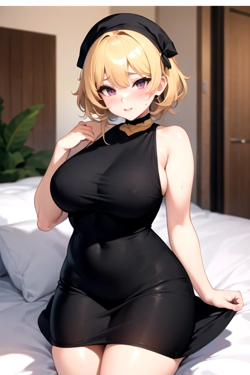 Chica , pelo negro ,ojos azules , pelo corto , vestido rosa justado, chubby