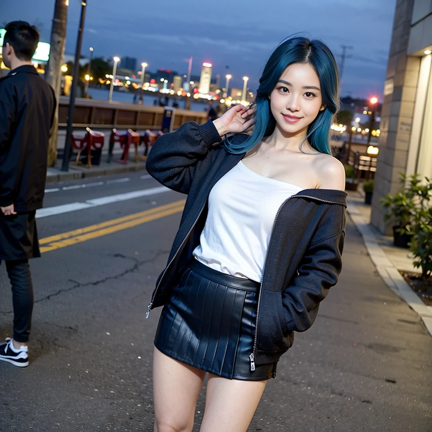 1girl, black_skirt, blue_hair, building, city, cityscape, hair_between_eyes, jacket, looking_at_viewer, medium_hair, multicolored_hair, multiple_boys, night, off_shoulder, outdoors, pleated_skirt, road, shirt, skirt, skyscraper, smile, solo_focus, street, white_shirt