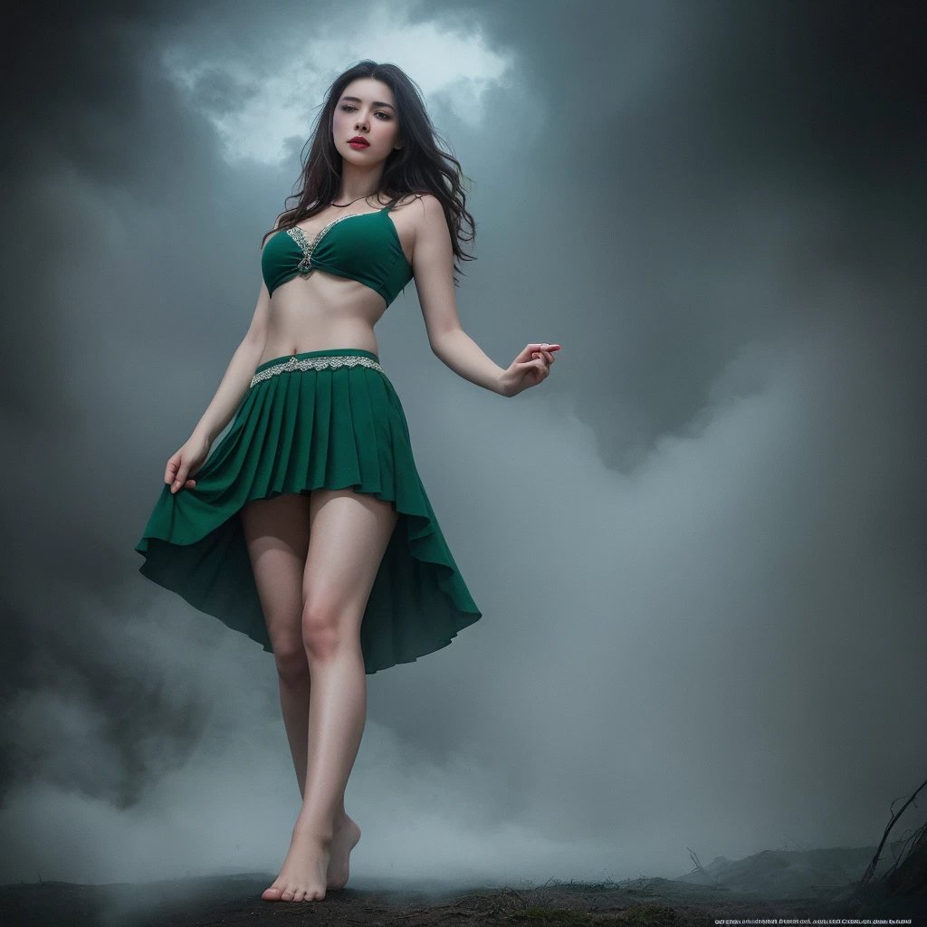 A highly detailed and hyper-realistic depiction of a princess in green skirt, in blue shirt, wearing white panties, Realistic hands. ((full body)), mybeauties, The perspective is from below. ((Full body, bare feet)). The character is surrounded by mist, evoking a mysterious and eerie atmosphere. The lighting is dark and atmospheric, with a red smoke adding a touch of sinister ambiance. The image is of the best quality, with a resolution of 4k and HDR enhancement, showcasing the utmost level of detail and realism, sfw, full body shot.