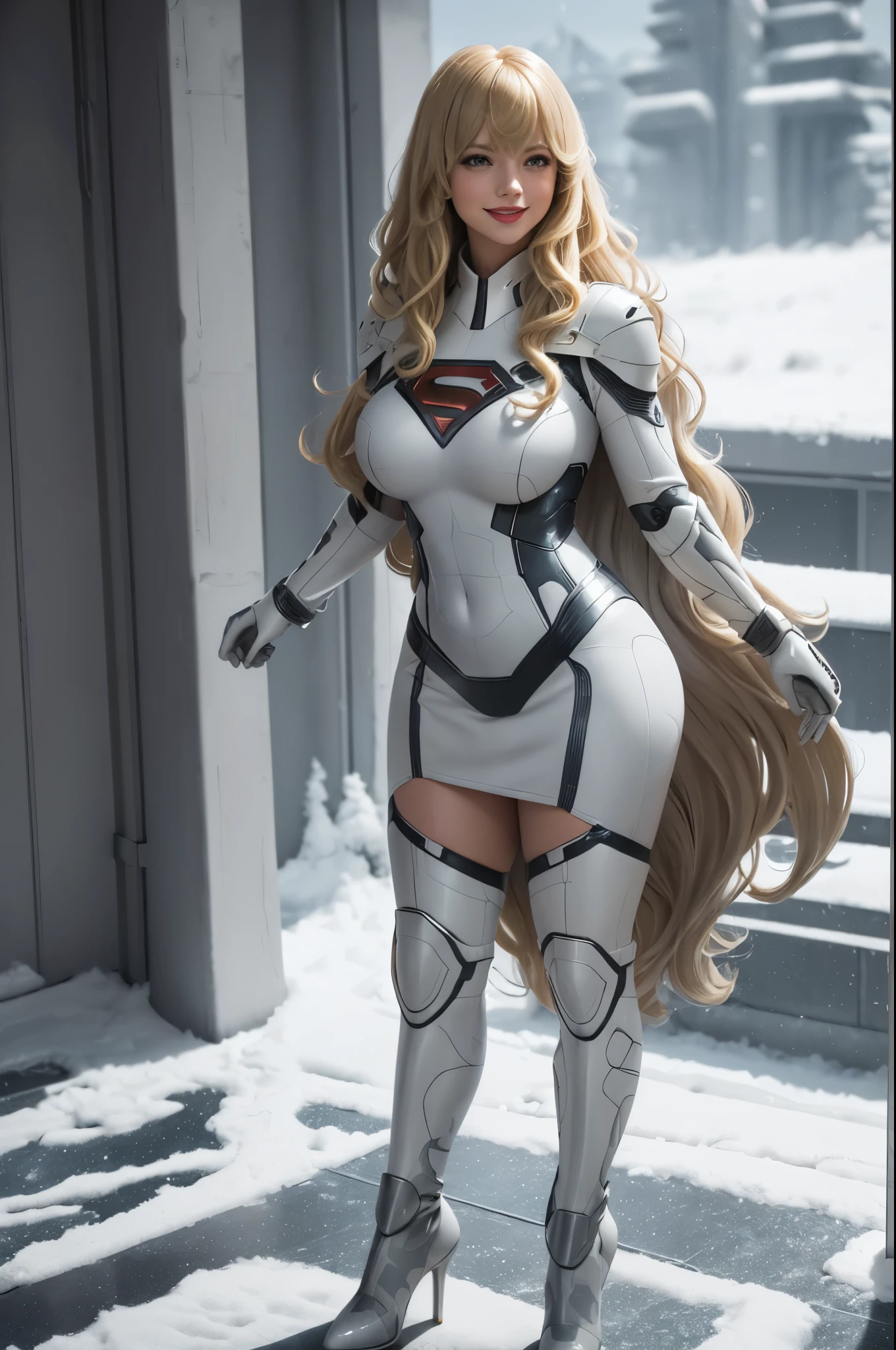 Supergirl, 29 years old, ((( Taylor Swift:Emma Stone:0.7))) full body shot, Beautiful woman (((long wavy blonde hair)))(bangs:1.2) defined body, Red lipstick, smiling slightly, hands free, standing, (( white, light grey, dark grey camouflage futuristic armor with matching heels)), snow covered field, daytime (huge_breasts:1.3) (curvy:1.2)(chubby:1.1)