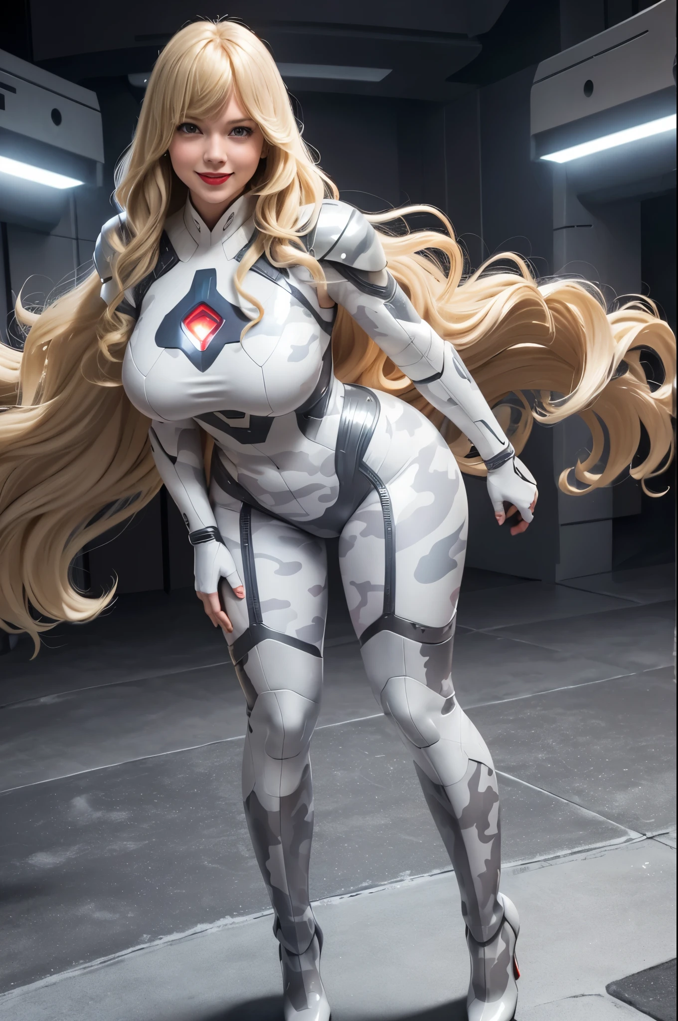 Supergirl, 29 years old, ((( Taylor Swift:Emma Stone:0.7))) full body shot, Beautiful woman (((long wavy blonde hair)))(bangs:1.2) defined body, Red lipstick, smiling slightly, hands free, standing, (( white, light grey, dark grey camouflage futuristic armor with matching heels)), snow covered field, daytime (huge_breasts:1.3) (curvy:1.2)(chubby:1.1)