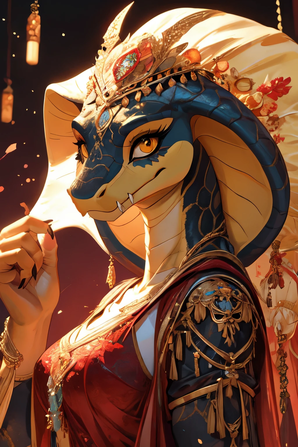 ((best quality)), ((masterpiece)), (detailed), perfect face , furry , snake , cobra snake , dancer clothes , arabic dancer , white and sand yellow scales , close face , fangs , yellow reprilian eyes , female