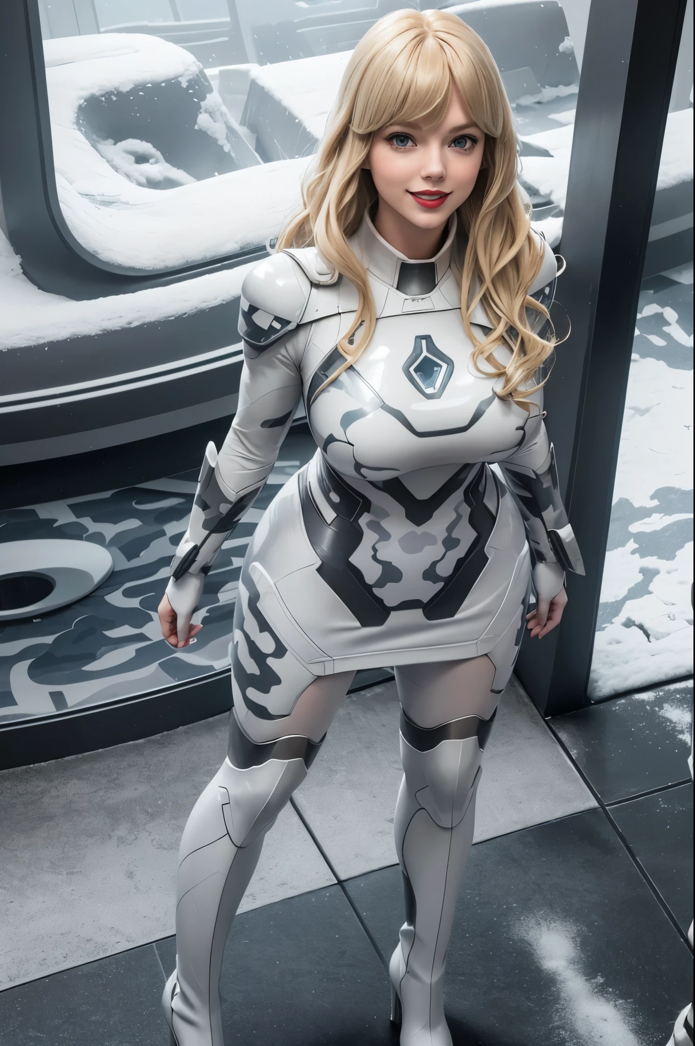 Supergirl, 29 years old, ((( Taylor Swift:Emma Stone:0.7))) full body shot, Beautiful woman (((long wavy blonde hair)))(bangs:1.2) defined body, Red lipstick, smiling slightly, hands free, standing, (( white, light grey, dark grey camouflage futuristic armor with matching heels)), snow covered field, daytime (huge_breasts:1.3) (curvy:1.2)(chubby:1.1)