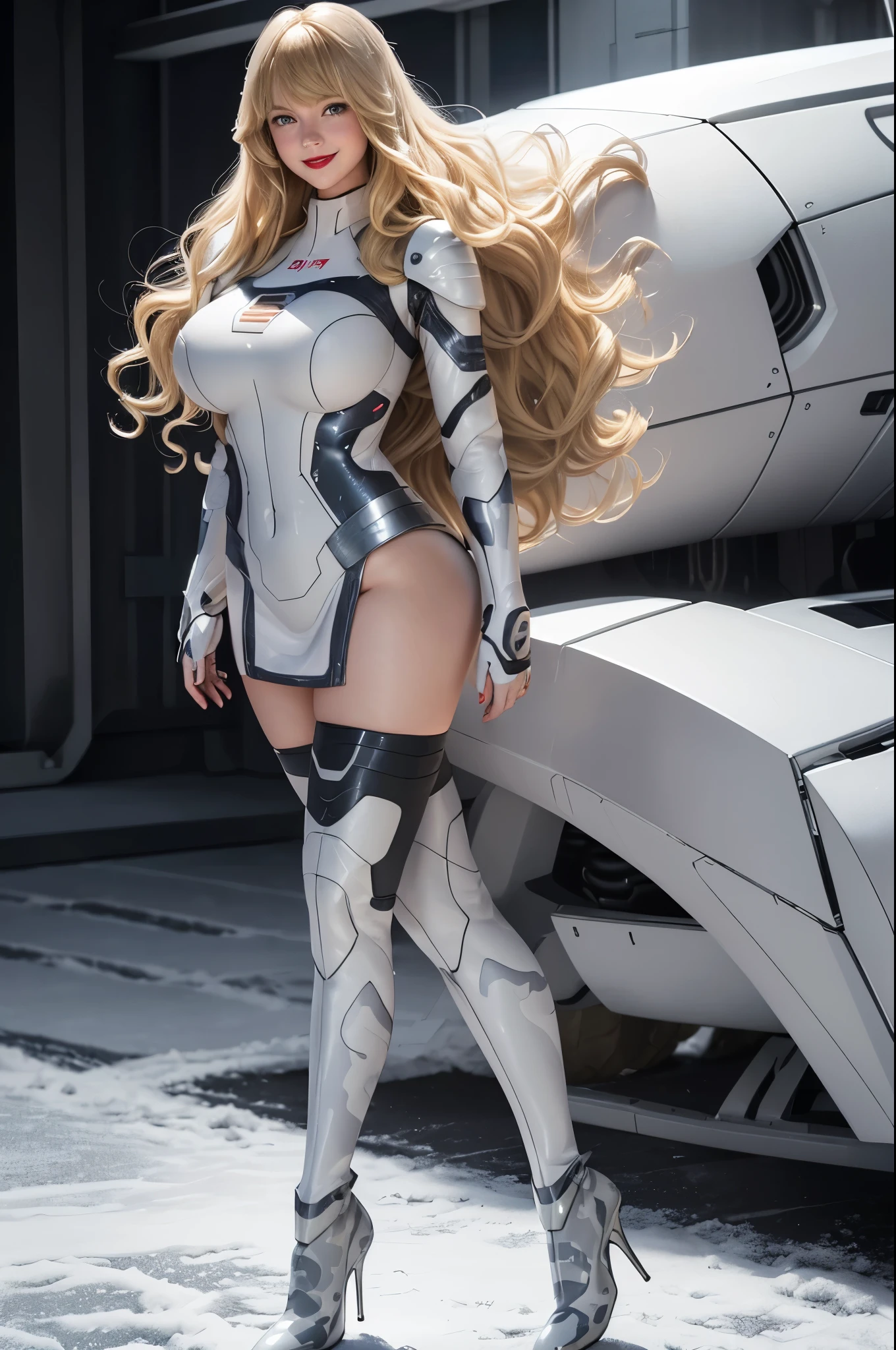 Supergirl, 29 years old, ((( Taylor Swift:Emma Stone:0.7))) full body shot, Beautiful woman (((long wavy blonde hair)))(bangs:1.2) defined body, Red lipstick, smiling slightly, hands free, standing, (( white, light grey, dark grey camouflage futuristic armor with matching heels)), snow covered field, daytime (huge_breasts:1.3) (curvy:1.2)(chubby:1.1)