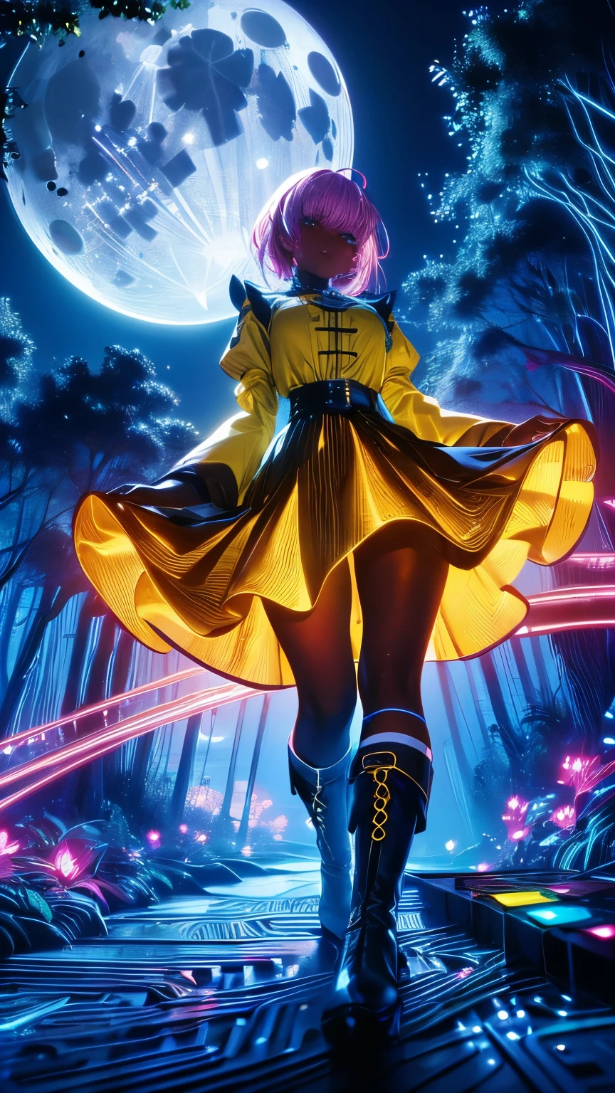 (Neon lights),circuit boards, skin girl, yellow clothes, long-sleeves puffy shirt, tulle skirt, white boots, forest at night, moonlight, giant moon, darkness, view from below, (UHD, masterpiece, ccurate, anatomically correct, textured skin, super detail, high details, award winning, best quality, 8k)