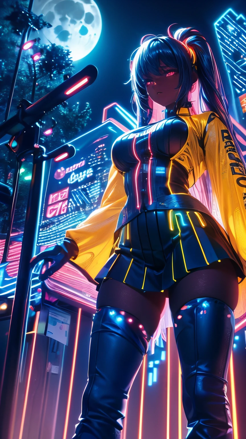(Neon lights),circuit boards, skin girl, yellow clothes, long-sleeves puffy shirt, tulle skirt, white boots, forest at night, moonlight, giant moon, darkness, view from below, (UHD, masterpiece, ccurate, anatomically correct, textured skin, super detail, high details, award winning, best quality, 8k)
