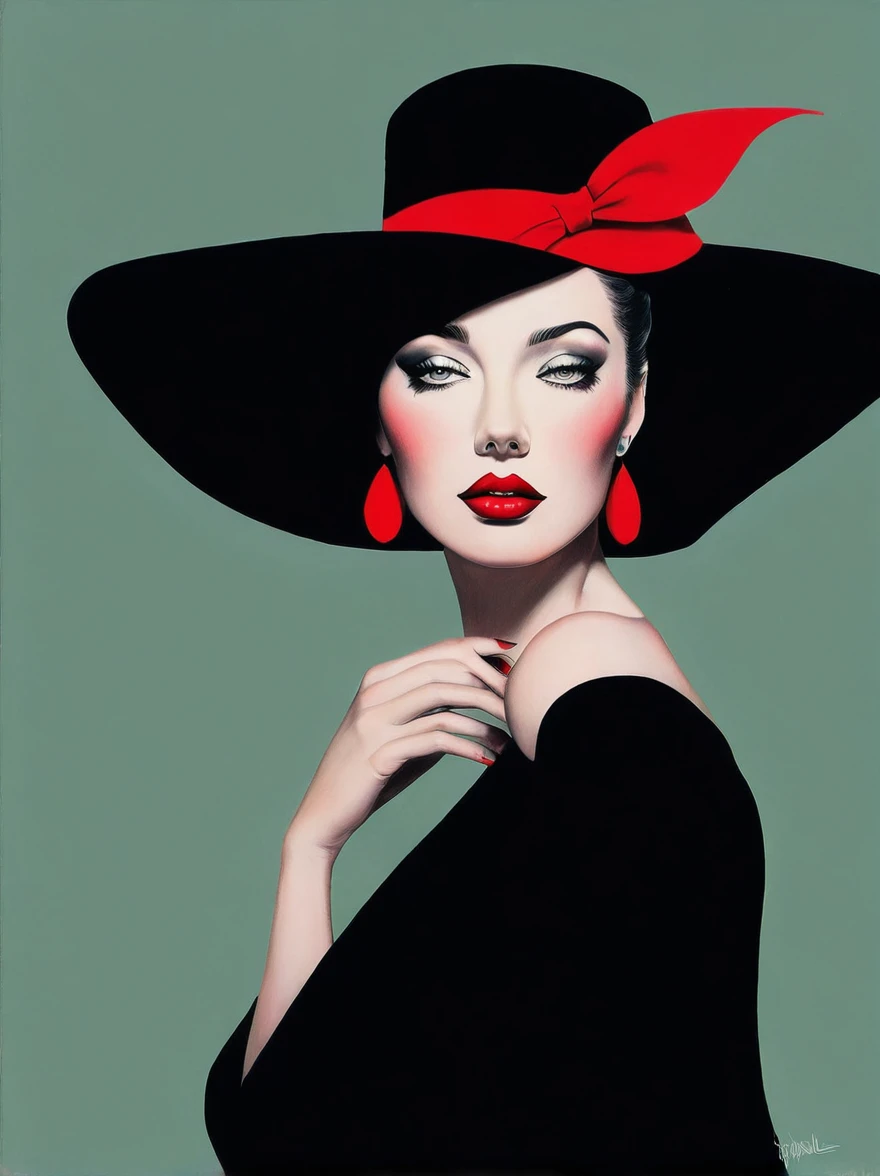 chiaroscuro technique on  illustration of an elegant , retro and vintage ,arafed woman with red lips and a black hat posing for a picture, wearing black dress and hat, sexy lips :5 stylish, sexy face with full makeup, by Wayne England, thick red lips, beautiful witch with long hair, sexy red lips, wearing black old dress and hat, mysterious glamour, matte painting, by Hannah Dale, by Harumi Hironaka, extremely soft colors, vibrant, pastel, highly detailed, digital artwork, high contrast, dramatic, refined, tonal, golden ratio