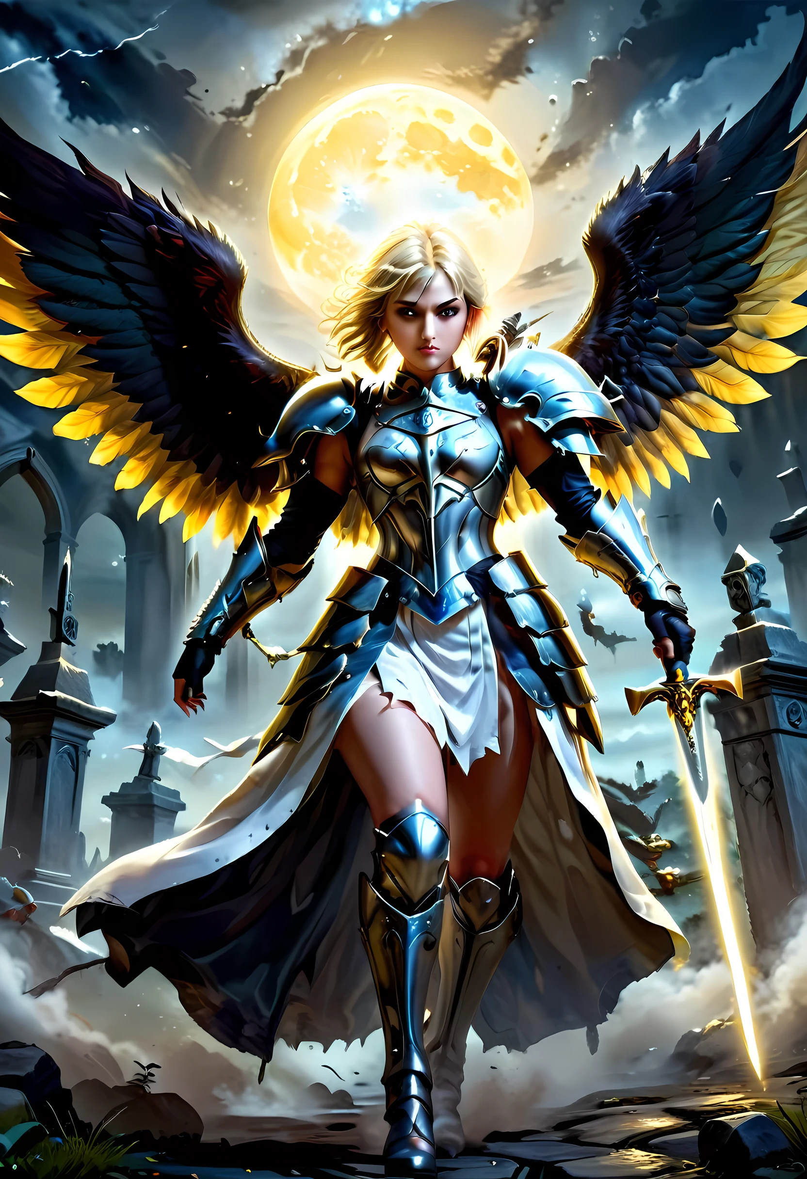 16K, ultra detailed, masterpiece, best quality, (extremely detailed), arafed, dnd art, portrait, full body, aasimar, female, (Masterpiece 1.3, intense details), female, paladin, holy warrior fighting undead (Masterpiece 1.3, intense details) large angelic wings, white angelic wings spread (Masterpiece 1.3, intense details), dark fantasy cemetery background, moon light, moon, stars, clouds, wearing (white: 1.1)  armor (Masterpiece 1.3, intense details), holy symbol, armed with sword, short blond hair,  detailed face, (Masterpiece 1.5, best quality), anatomically correct (Masterpiece 1.3, intense details), angel_wings, determined face, god rays, cinematic lighting, glowing light, silhouette, from outside, photorealism, panoramic view  (Masterpiece 1.3, intense details) , Wide-Angle, Ultra-Wide Angle, 8k, highres, best quality, high details, armored dress, feathered wings, GlowingRunesAI_yellow