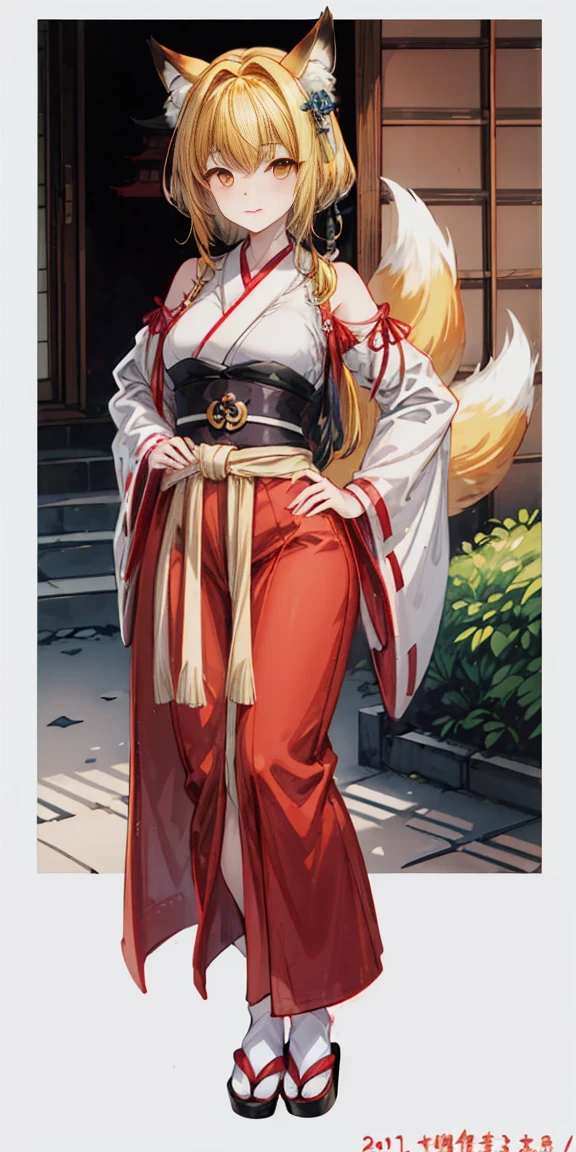 ((4k,masterpiece,best quality)) shuimobysim, traditional Japanese temple ink painting, lotus, hanfu, maxiskit, dress conservatively, 1sologirl, blonde hair, fox fluffy ears, white, fish, many fish near girl, full body look at viewer, lustful smile, red cheeks, hands clenching fists on hips waist