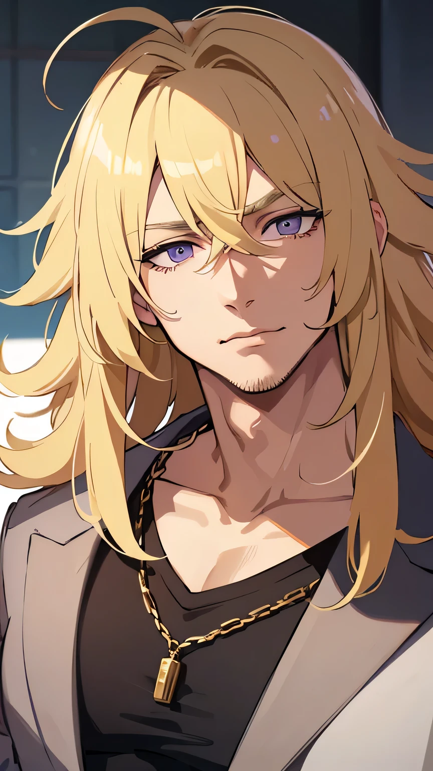 1 man, handsome, masculine, adult man, broad shoulders, close-up of face, ((blonde hair on chin)), portrait, smiling, looking at viewer, ((lazy eyes, between eyelids, bags under eyes, purple eyes with white pupils)),((blondd hair, long length hair, shaggy hairstyle, messy hair)), Nude Chest, Showing His Abs, flushed cheeks, serious expression,