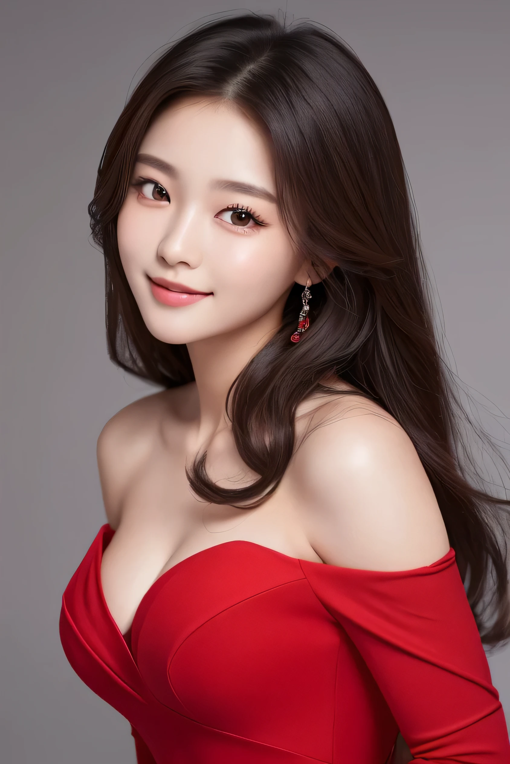 Korean Girls, 18-year-old, A stunning face, Wearing a bright red gown, Half-body shot for an elegant look, Taken with high resolution photos. Gray blurry background, Improve image resolution and detail. The girl smiles gently, Her eyes shine like stardust, Adding glamour to ultra-realistic captures. bust, What&#39;Hiding under the yellow dress?, Show off your perfect anatomy. The soft light of nature envelops the scenery., Create a white aura around the girl