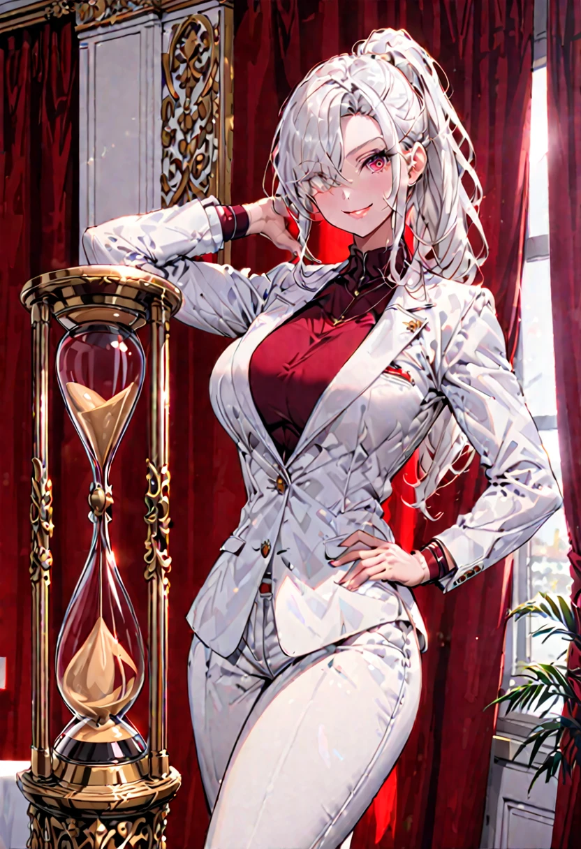 female, solo, sfw, medium shot, white hair, red eyes, tall, large breasts, long hair, ponytail, hair over one eye, hourglass figure, strong, pants, white business jacket, conference, happy smile, day, confident pose, fit, muscular thighs, broad shoulders, red curtains, luxury