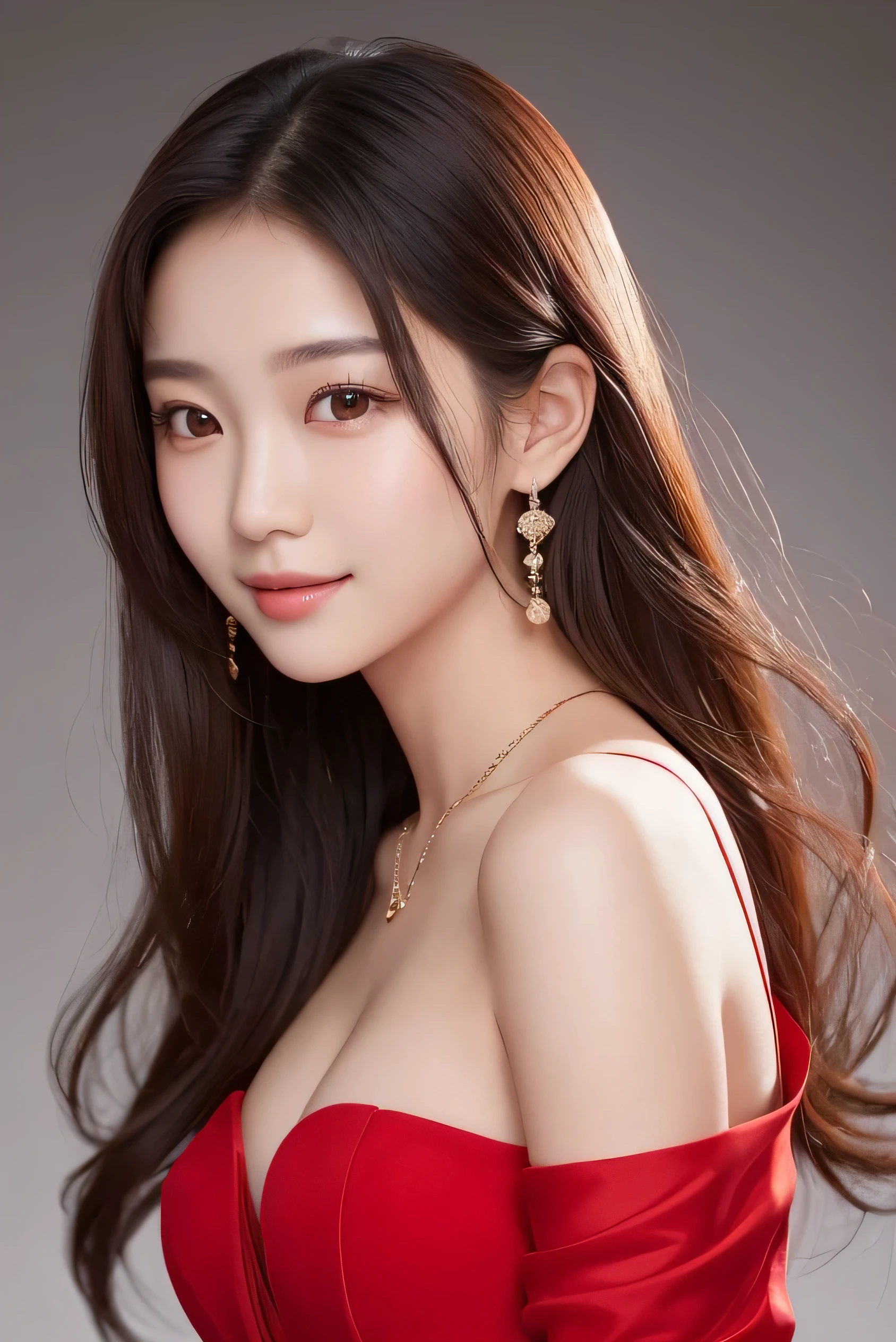 Korean Girls, 18-year-old, A stunning face, Wearing a bright red gown, Half-body shot for an elegant look, Taken with high resolution photos. Gray blurry background, Improve image resolution and detail. The girl smiles gently, Her eyes shine like stardust, Adding glamour to ultra-realistic captures. bust, What'Hiding under the yellow dress?, Show off your perfect anatomy. The soft light of nature envelops the scenery., Create a white aura around the girl