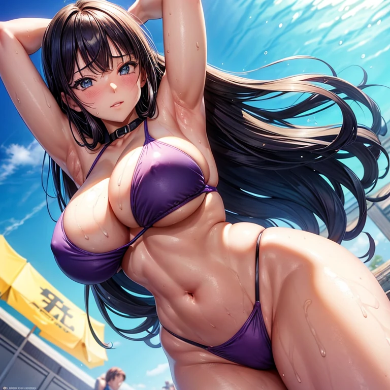 Hinata,1 girl,One, Beautiful, thick thighs, huge breasts, In a purple gradient bikini, in a swimming pool,clear eyes, realistic students, very detailed eye, Ideal Anatomy, good anatomy, good composition, armpits, sweating, Mother, Motherша, thick thighs, lubrication of the skin of the groin area, oily skin, red armpits, sweat armpits