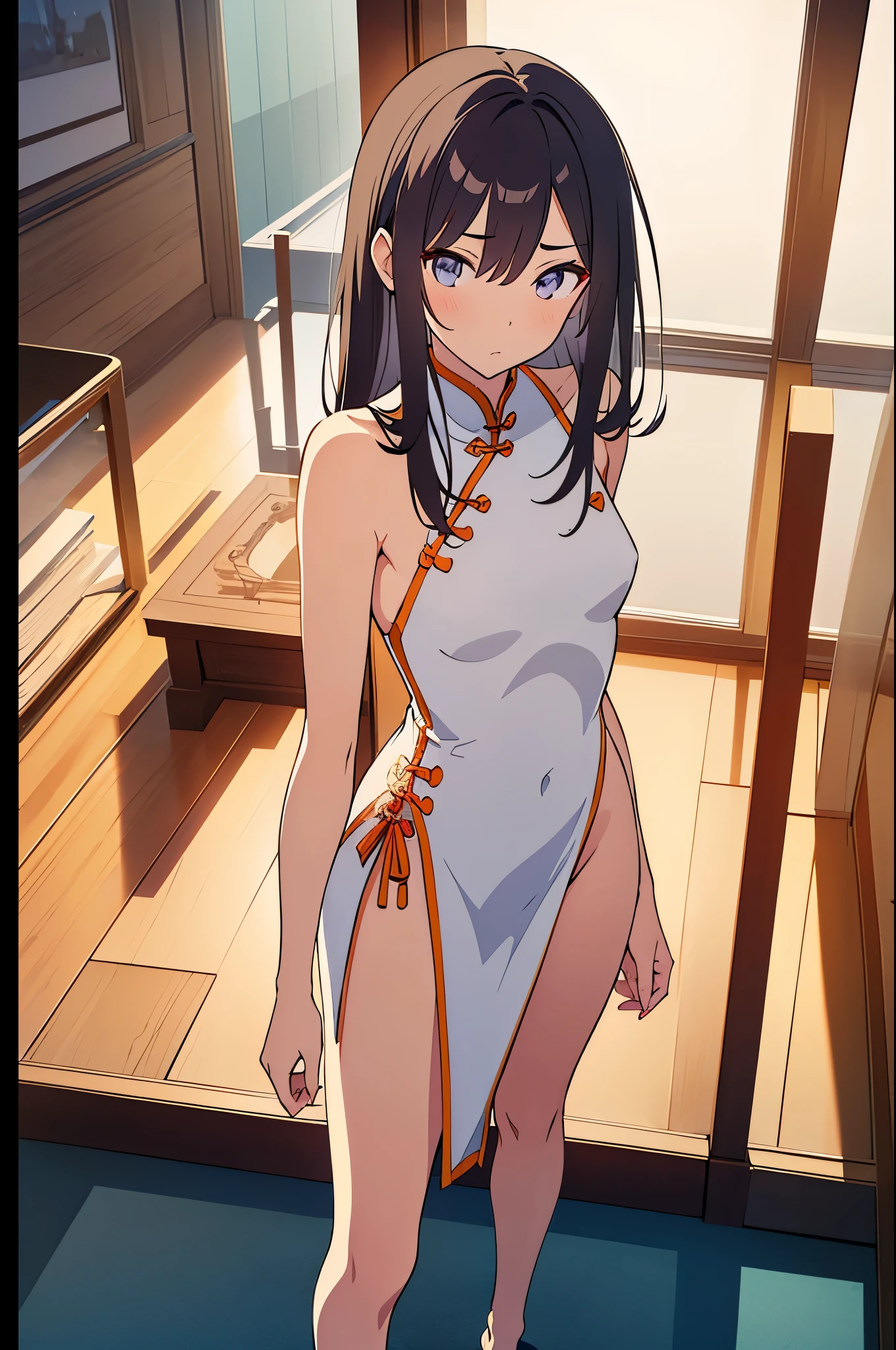 a sexy woman, (best quality), (masterpiece), (1girl), slim, anime, (flat chested), (chinese dress), (standing), (protrait), (naked legs), (view from above)
