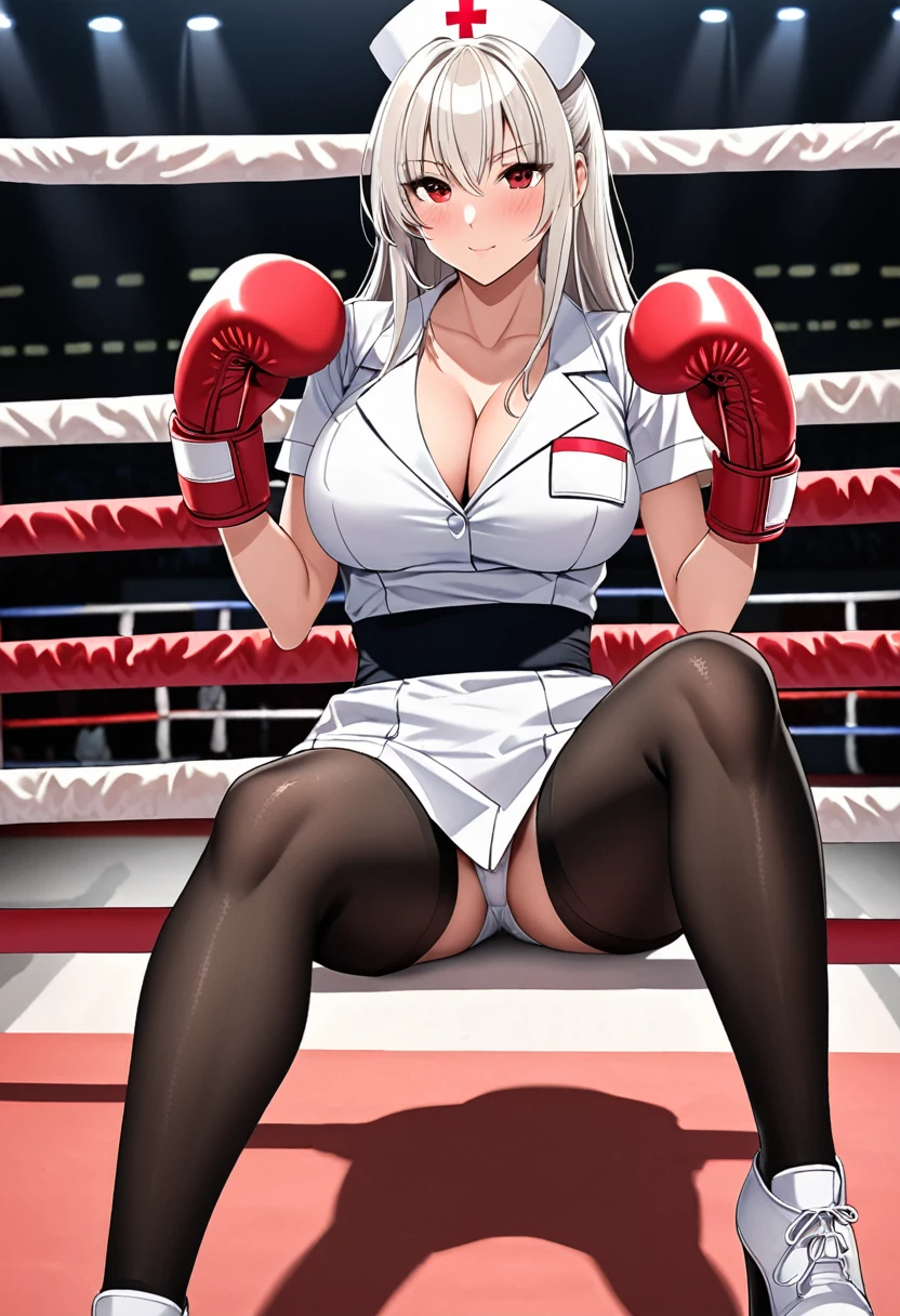 high quality,Mature beauty,White straight hair,Red Eyes,shy,blush,Wearing nurse uniform,Black stockings,High heel,Wearing boxing gloves,Cleavage,Large Breasts,Camel toe,Long legs,Thin waist,Vest line,Absolute Domain,Sitting in the boxing ring with legs spread