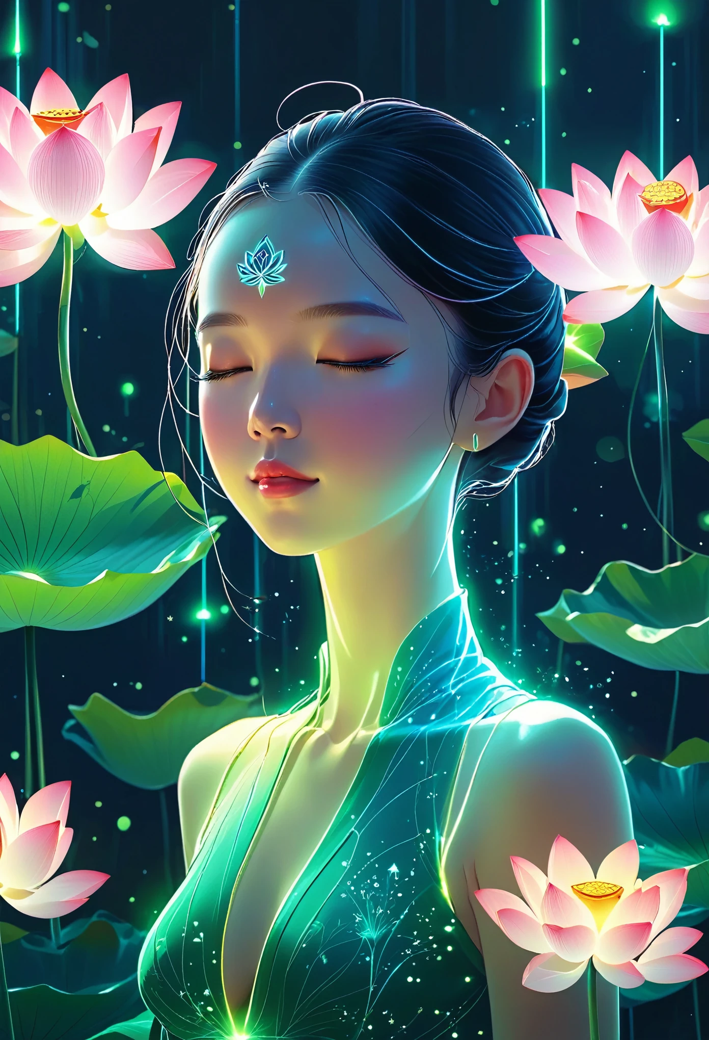 (masterpiece, best quality:1.2), In digital art style, charming illustration,peaceful picture，1 girl, tall lotus，alone，body glow，Glowing lines，fluorescence,glow example，Example tracking，flash，萤light particles，Backlight，Translucent，light particles，Correct human anatomy，