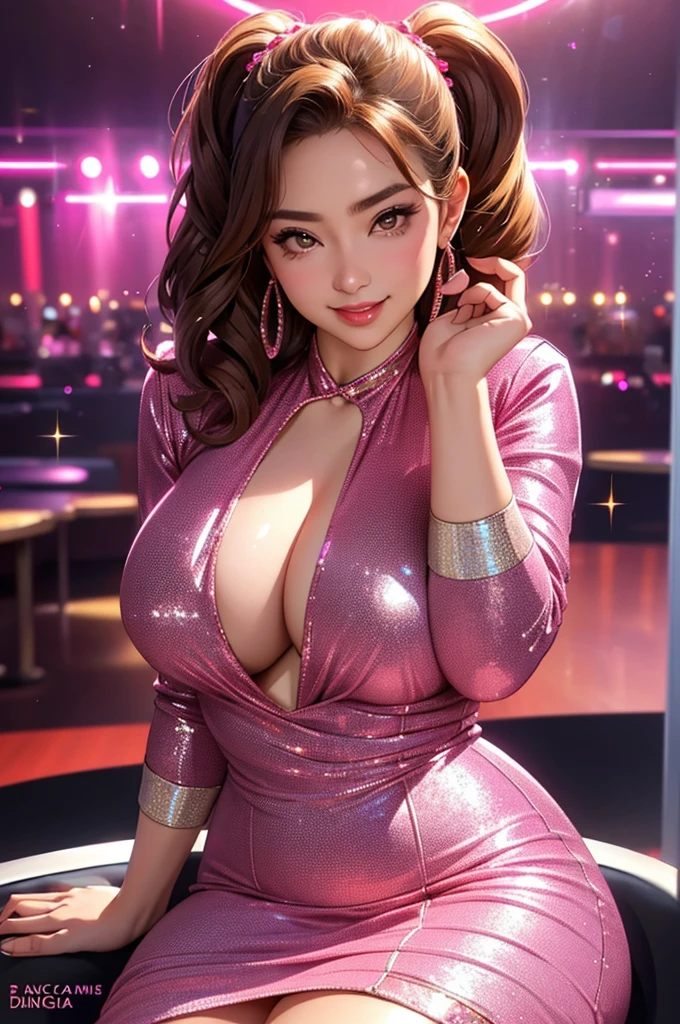 masterpiece,ultra detailed,(nipple-baring,revealing and halterneck sexy sparkle dress:1.3),look at viewer,thick arms,gyaru,gal,light brown hair,27 years old,(tareme),(2females:1.3),(curvy mature female),oval face,sweaty,(at nightclub,danceclub,dark pink light:1.3),(pov,2females face on left and right:1.3),(face focus,pov:1.2),grinning,sitting on viewer,breast grab,(close to viewer:1.3),upper body,gigantic breasts,