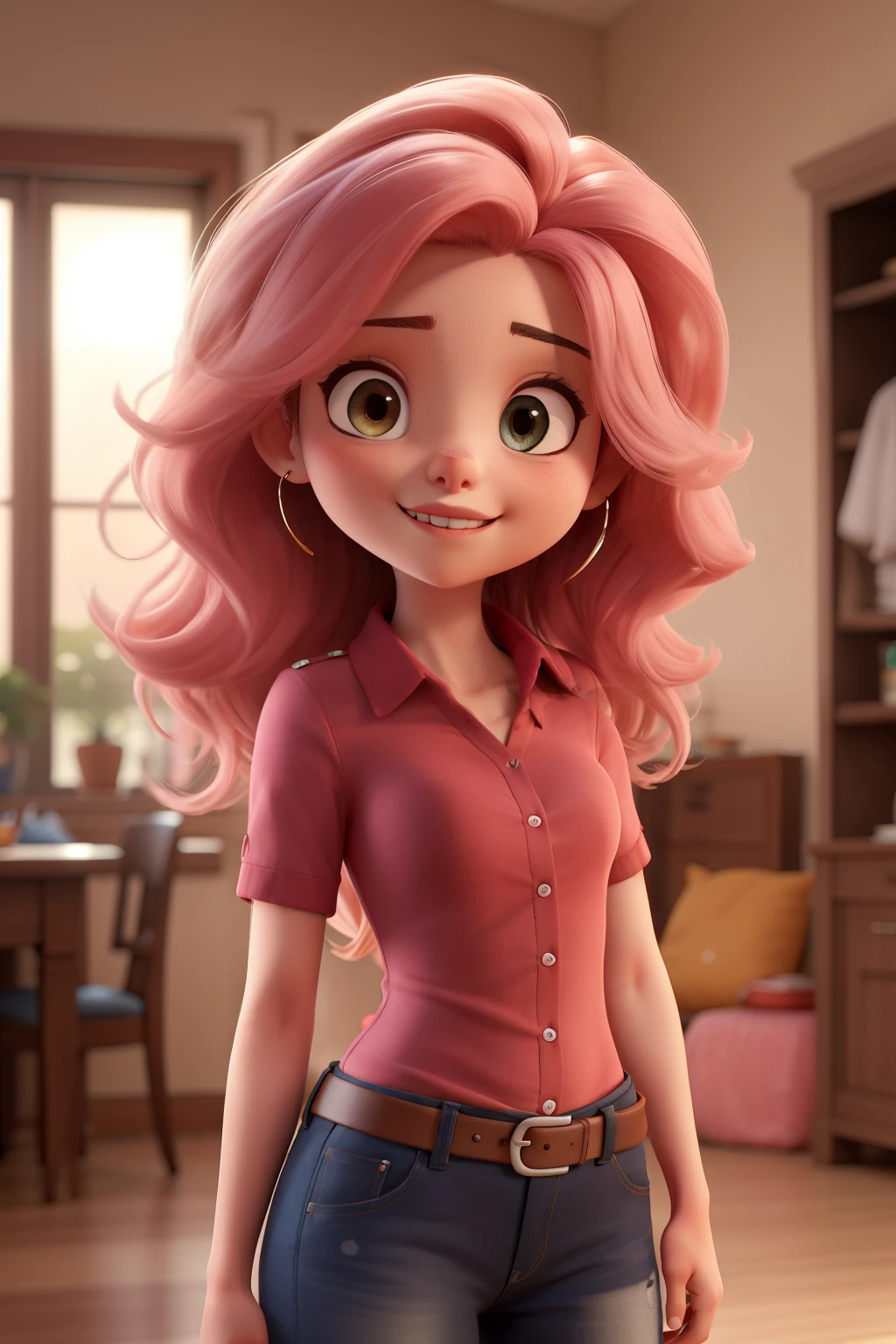 DE CABELOS LONGOS ESCUROS PRETO, CAMISA ROSA, OLHOS PRETOS