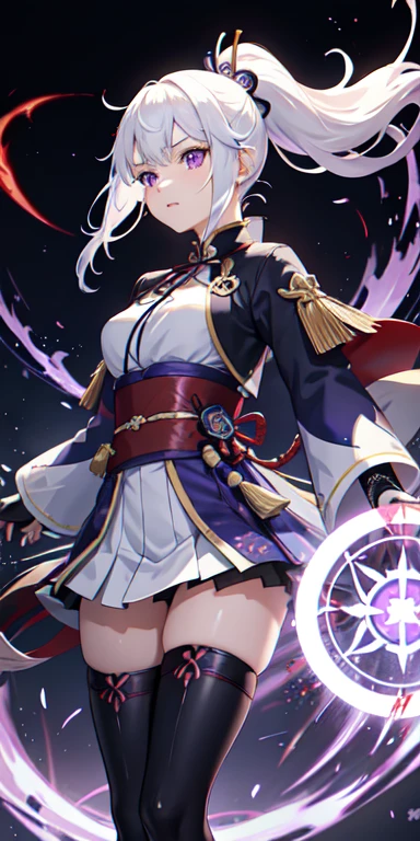 1girl, japanese clothes, ponytail ,white hair, purple eyes, magic circle, blue fire, blue flames, wallpaper, landscape, blood, blood splatter, depth of field, night, light particles, light rays, sidelighting, thighs, fate \(series\), genshin impact, ****, open jacket, skirt, thighhighs, cloud,