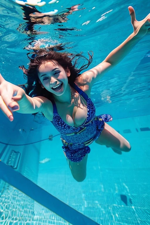 highest quality、8k、Ultra-high resolution、Clear photos、Professional Lighting、very cute、Baby Face、Round face、Round eyes、Very short hair、smile、Ultra slim、Narrow waist、Slender body、swim:1.8、競泳プールでswim:1.6、Scooping water、Diving Underwater:1.8、Breaststroke:1.6、I'm wearing a competitive swimsuit:1.2、Shooting from underwater、Shooting from directly below:1.4、hair swaying like waves、Wet Hair、Foam appears from the mouth、The bubbles dance