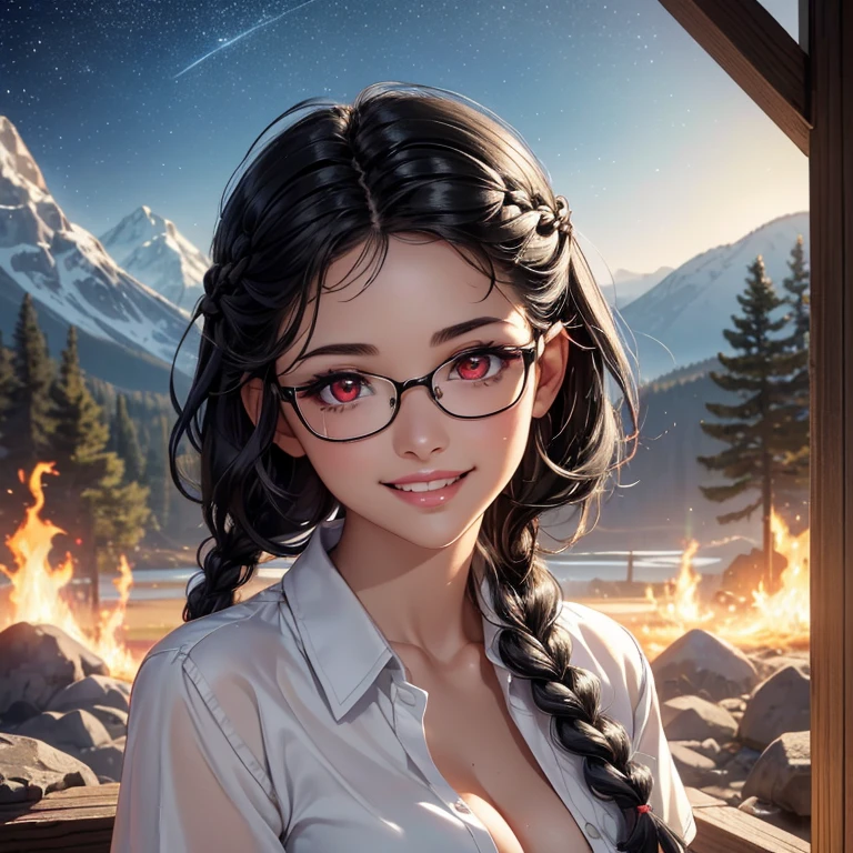 masterpiece, best quality, 8K wallpaper, HDR, octane rendering. A girl with glasses:1.2), wearing (buttoned white shirt), (open shirt:1.2), navel, (shorts:1.25), (sandals), camp, mountains, trees, bonfire, starry night sky, beautiful detailed scenery, the girl has (Short messy hair, low single braid hair, shiny black hair:1.4), (Beautiful and detailed face with perfect symmetry), (Beautiful and detailed big red eyes:1.2), (Soft lips, smile, teeth: 1.2), (body with perfect anatomy, perfect natural texture, high details, glowing skin) cinematic lighting, vivid colors, detailed illustration, depth of field.