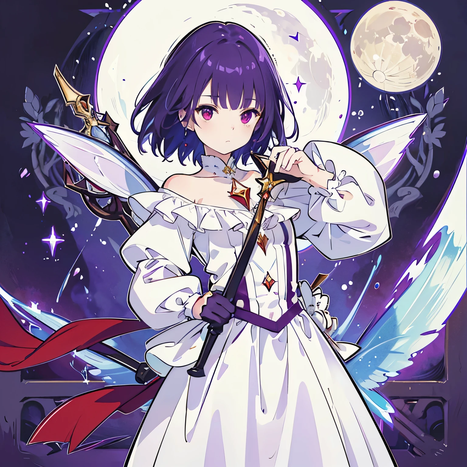 Best image quality, masterpiece level, ultra-high resolution, realism, fantasy theme, weapons, facial details, a girl, single, short hair, fairy tale theme, upper body, star and moon, clearly express sharp focus, expressionless, white clothes, dark purple hair, red bloody eyes, simple background. Purple them