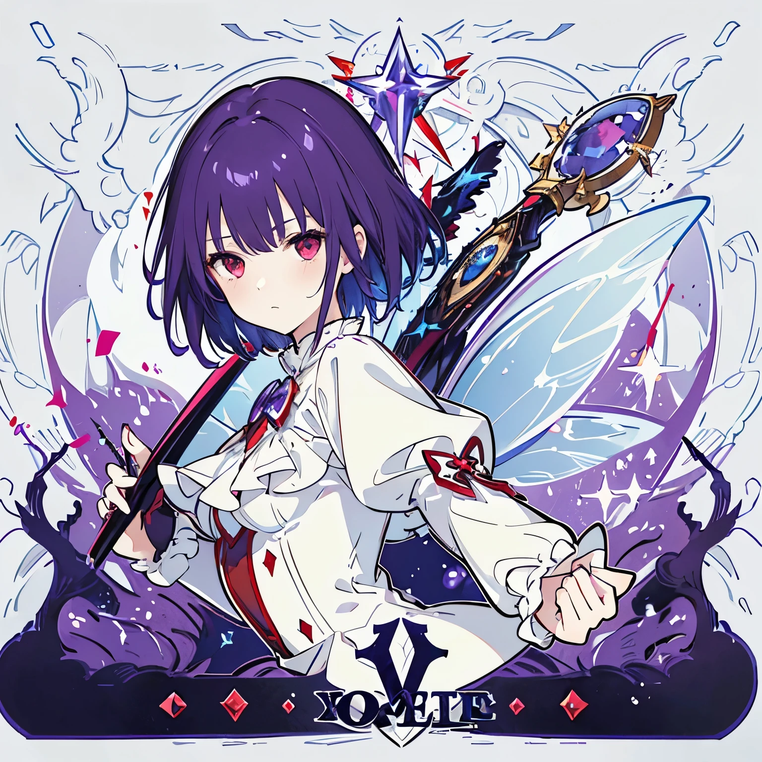 Best image quality, masterpiece level, ultra-high resolution, realism, fantasy theme, weapons, facial details, a girl, single, short hair, fairy tale theme, upper body, star and moon, clearly express sharp focus, expressionless, white clothes, dark purple hair, red bloody eyes, simple background. Purple them