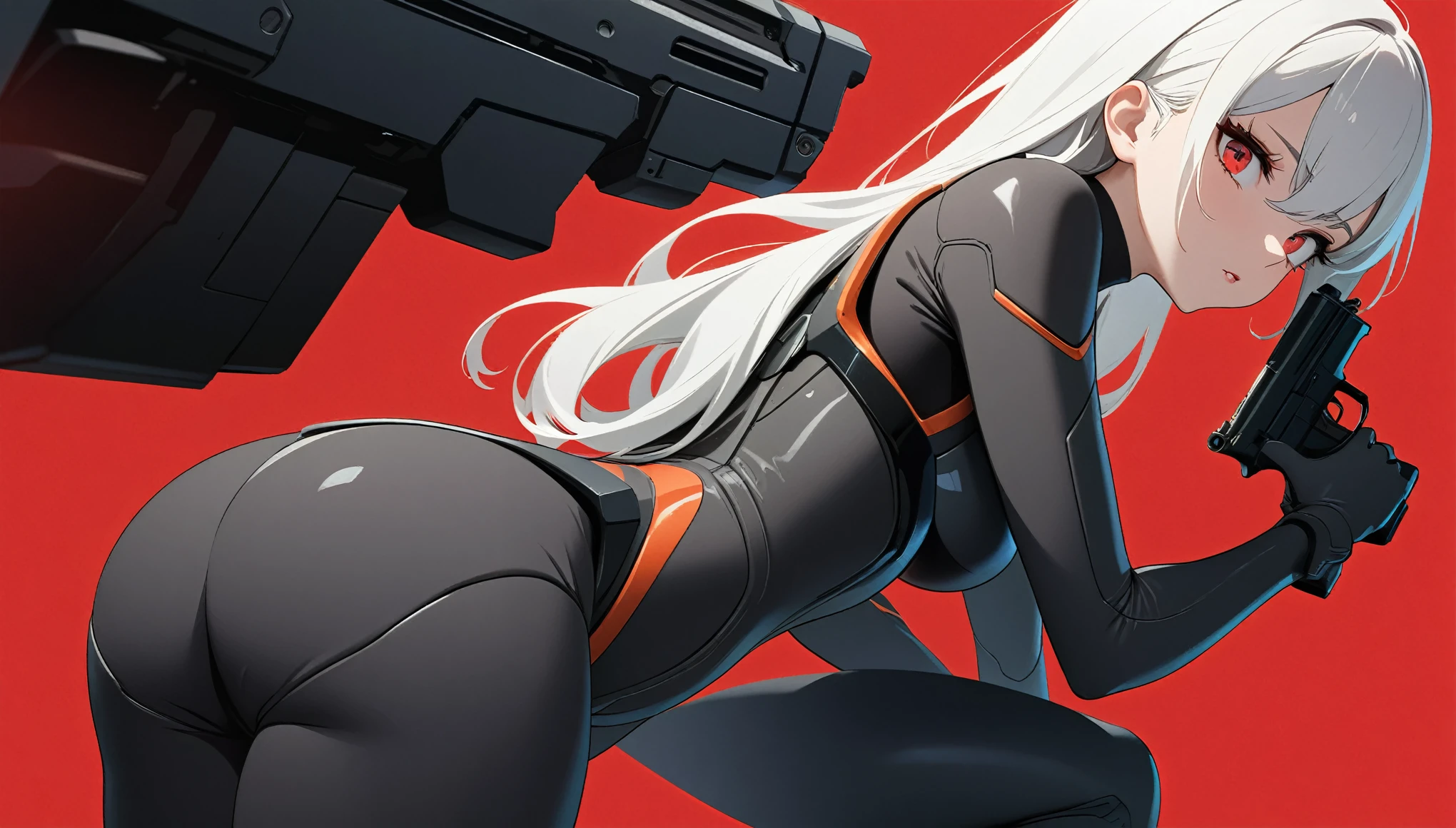 1girl, detailed beautiful face and eyes, white hair, black mecha suit, minimalism, gun, side view, bright red background, simple background, Fisheyes, masterpieces, top quality, best quality, official art, beautiful and aesthetic, animation, raise the butt,