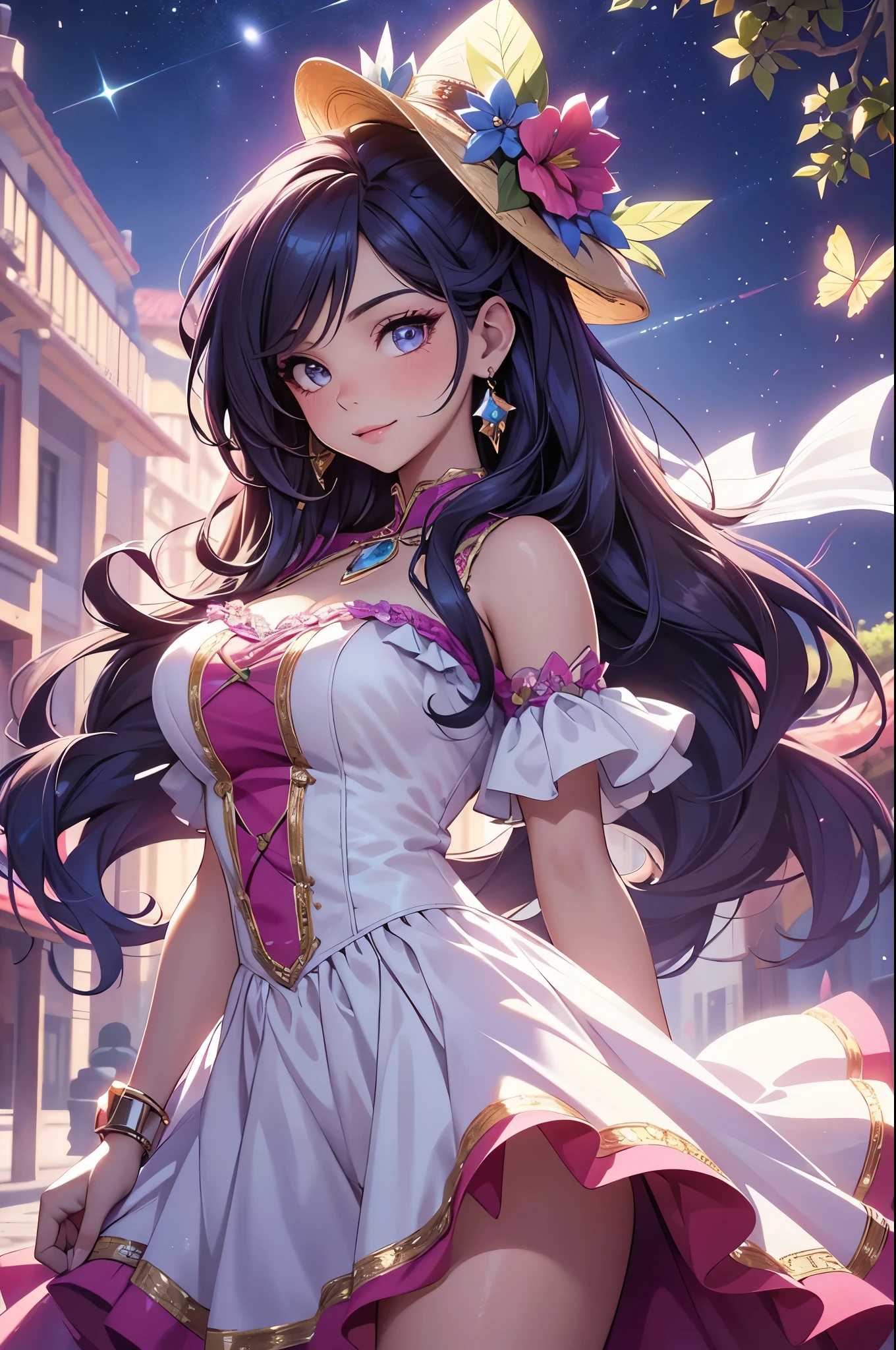 (best quality,4k,8k,highres,masterpiece:1.2),ultra-detailed,(realistic,photorealistic,photo-realistic:1.37),acrylic painting,beautiful Latina model in a Lolita dress with downy hair,beautiful Latina model with extremely colorful hair and detailed facial features,beautiful Latina model standing in a beautiful garden surrounded by a starry sky,beautiful Latina model wearing a vibrant Lolita dress,beautiful Latina model with intricate accessories and a matching hat,beautiful Latina model posing gracefully with her hands on her hips,beautiful Latina model with long flowing twintails,beautiful Latina model with bright blue eyes and rosy lips,beautiful Latina model with a joyful expression,beautiful Latina model in a dynamic pose with cherry blossoms falling around her,beautiful Latina model surrounded by colorful flowers and butterflies,beautiful Latina model's dress adorned with cute bows and lace details,beautiful Latina model with an enchanting smile,beautiful Latina model with soft, pastel-colored shading,beautiful Latina model with a magical glow illuminating her,beautiful Latina model in a picturesque setting with a winding path leading to a magnificent castle,beautiful Latina model holding a microphone and singing passionately,beautiful Latina model with a fairytale-like background,beautiful Latina model with a soft, dreamy atmosphere,beautiful Latina model with a subtle bokeh effect,beautiful Latina model standing under a moonlit sky,beautiful Latina model with a warm, golden sunset in the background,beautiful Latina model surrounded by twinkling stars and colorful nebulae,creating an ethereal and captivating artistic masterpiece. 