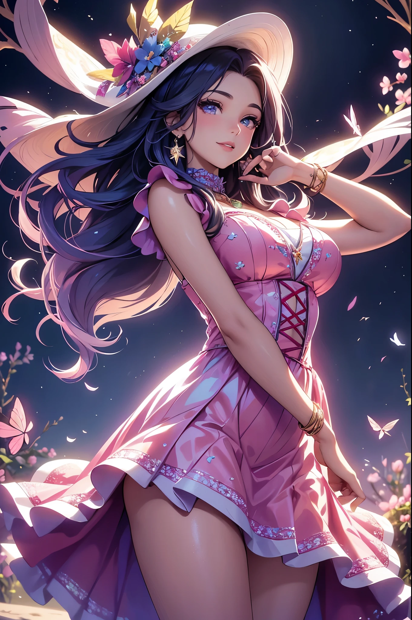 (best quality,4k,8k,highres,masterpiece:1.2),ultra-detailed,(realistic,photorealistic,photo-realistic:1.37),acrylic painting,beautiful Latina model in a ta dress with downy hair,beautiful Latina model with extremely colorful hair and detailed facial features,beautiful Latina model standing in a beautiful garden surrounded by a starry sky,beautiful Latina model wearing a vibrant Loliress,beautiful Latina model with intricate accessories and a matching hat,beautiful Latina model posing gracefully with her hands on her hips,beautiful Latina model with long flowing twintails,beautiful Latina model with bright blue eyes and rosy lips,beautiful Latina model with a joyful expression,beautiful Latina model in a dynamic pose with cherry blossoms falling around her,beautiful Latina model surrounded by colorful flowers and butterflies,beautiful Latina model's dress adorned with cute bows and lace details,beautiful Latina model with an enchanting smile,beautiful Latina model with soft, pastel-colored shading,beautiful Latina model with a magical glow illuminating her,beautiful Latina model in a picturesque setting with a winding path leading to a magnificent castle,beautiful Latina model holding a microphone and singing passionately,beautiful Latina model with a fairytale-like background,beautiful Latina model with a soft, dreamy atmosphere,beautiful Latina model with a subtle bokeh effect,beautiful Latina model standing under a moonlit sky,beautiful Latina model with a warm, golden sunset in the background,beautiful Latina model surrounded by twinkling stars and colorful nebulae,creating an ethereal and captivating artistic masterpiece.