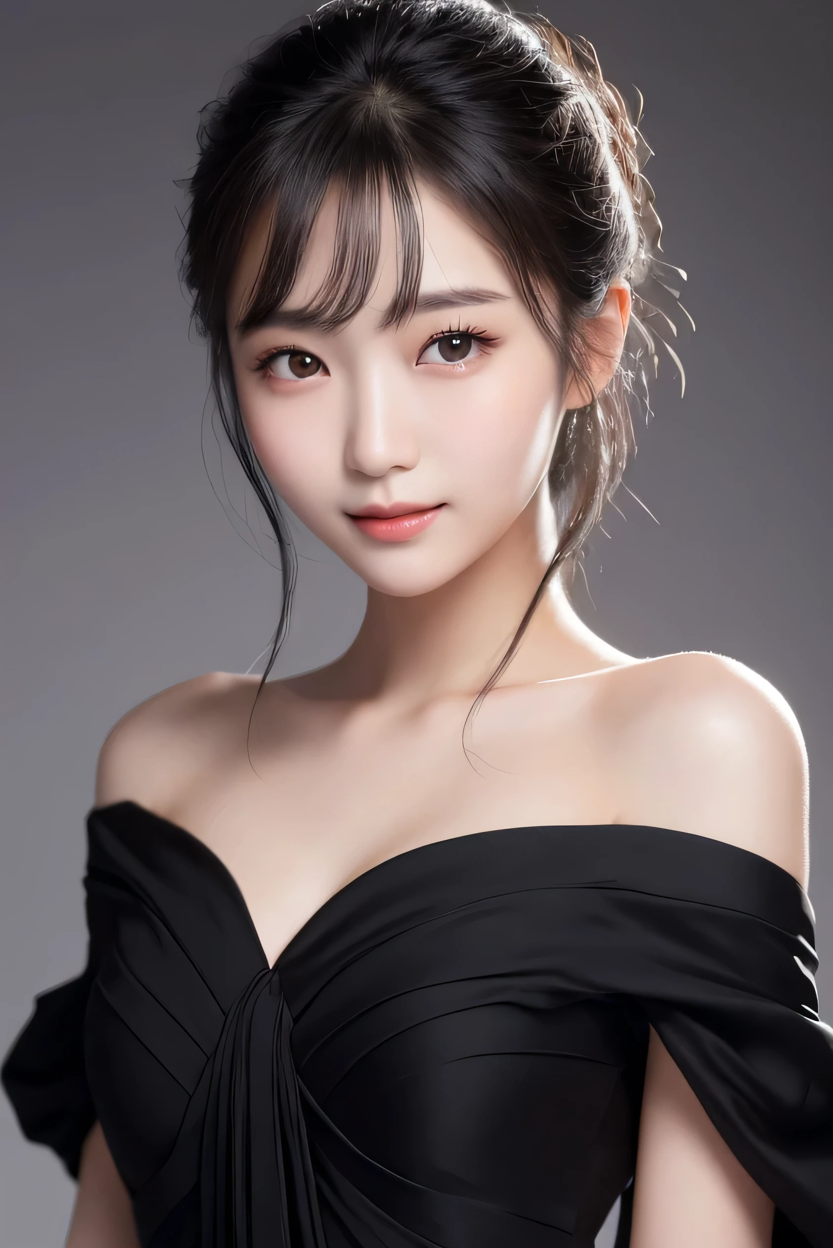Korean Girls, 18-year-old, A stunning face, Wearing a bright black gown, Half-body shot for an elegant look, Taken with high resolution photos. Gray blurry background, Improve image resolution and detail. The girl smiles gently, Her eyes shine like stardust, Adding glamour to ultra-realistic captures. bust, What'Hiding under the yellow dress?, Show off your perfect anatomy. The soft light of nature envelops the scenery., Create a white aura around the girl