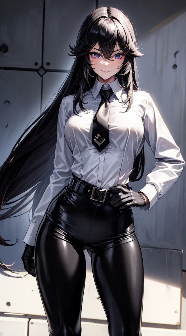 (Yaedef:1.4), 8k, highres, ultra detailed, (masterpiece:1.4), best quality, symmetrical body, (white collared shirt:1.4), (completely black leather leggins:1.4), cute, solo, long hair, black hair, purple eyes, beautiful eyes, finely eye, wide smile, detailed face, looking at viewer, smilling at viewer, park, angled view, perfect breasts, black business suit, belt, necktie to navel length, white collared shirt, fit, perfect legs. black gloves, spy lady, belt, assasin, badass anime girl, shiny clothes,