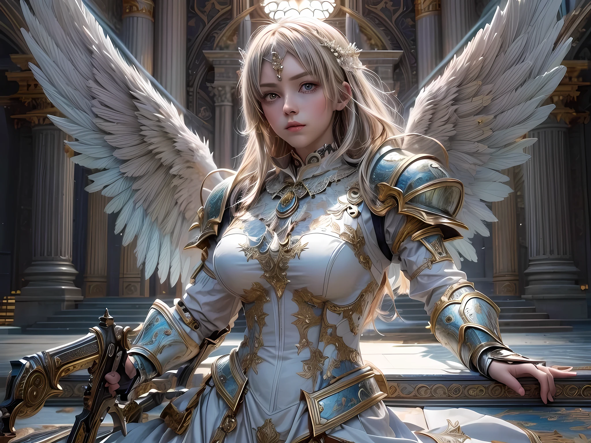 16K, ultra detailed, masterpiece, best quality, (extremely detailed), arafed, dnd art, portrait, full body, aasimar, female, (Masterpiece 1.3, intense details), female, paladin, holy warrior fighting undead (Masterpiece 1.3, intense details) large angelic wings, white angelic wings spread (Masterpiece 1.3, intense details), dark fantasy cemetery background, moon light, moon, stars, clouds, wearing (white: 1.1)  armor (Masterpiece 1.3, intense details), holy symbol, armed with sword, short blond hair,  detailed face, (Masterpiece 1.5, best quality), anatomically correct (Masterpiece 1.3, intense details), angel_wings, determined face, god rays, cinematic lighting, glowing light, silhouette, from outside, photorealism, panoramic view  (Masterpiece 1.3, intense details) , Wide-Angle, Ultra-Wide Angle, 8k, highres, best quality, high details, armored dress