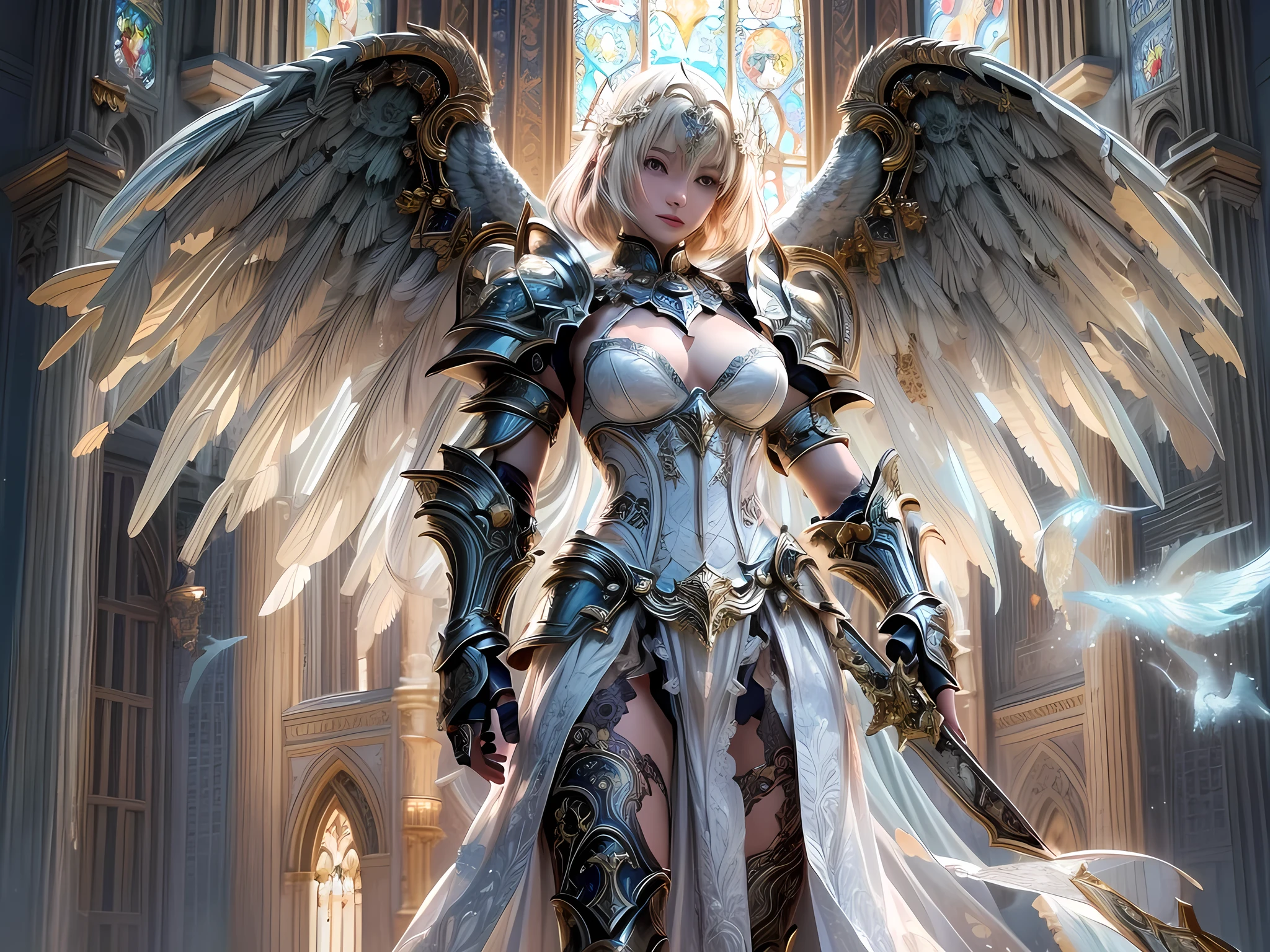 16K, ultra detailed, masterpiece, best quality, (extremely detailed), arafed, dnd art, portrait, full body, aasimar, female, (Masterpiece 1.3, intense details), female, paladin, holy warrior fighting undead (Masterpiece 1.3, intense details) large angelic wings, white angelic wings spread (Masterpiece 1.3, intense details), dark fantasy cemetery background, moon light, moon, stars, clouds, wearing (white: 1.1)  armor (Masterpiece 1.3, intense details), holy symbol, armed with sword, short blond hair,  detailed face, (Masterpiece 1.5, best quality), anatomically correct (Masterpiece 1.3, intense details), angel_wings, determined face, god rays, cinematic lighting, glowing light, silhouette, from outside, photorealism, panoramic view  (Masterpiece 1.3, intense details) , Wide-Angle, Ultra-Wide Angle, 8k, highres, best quality, high details, armored dress