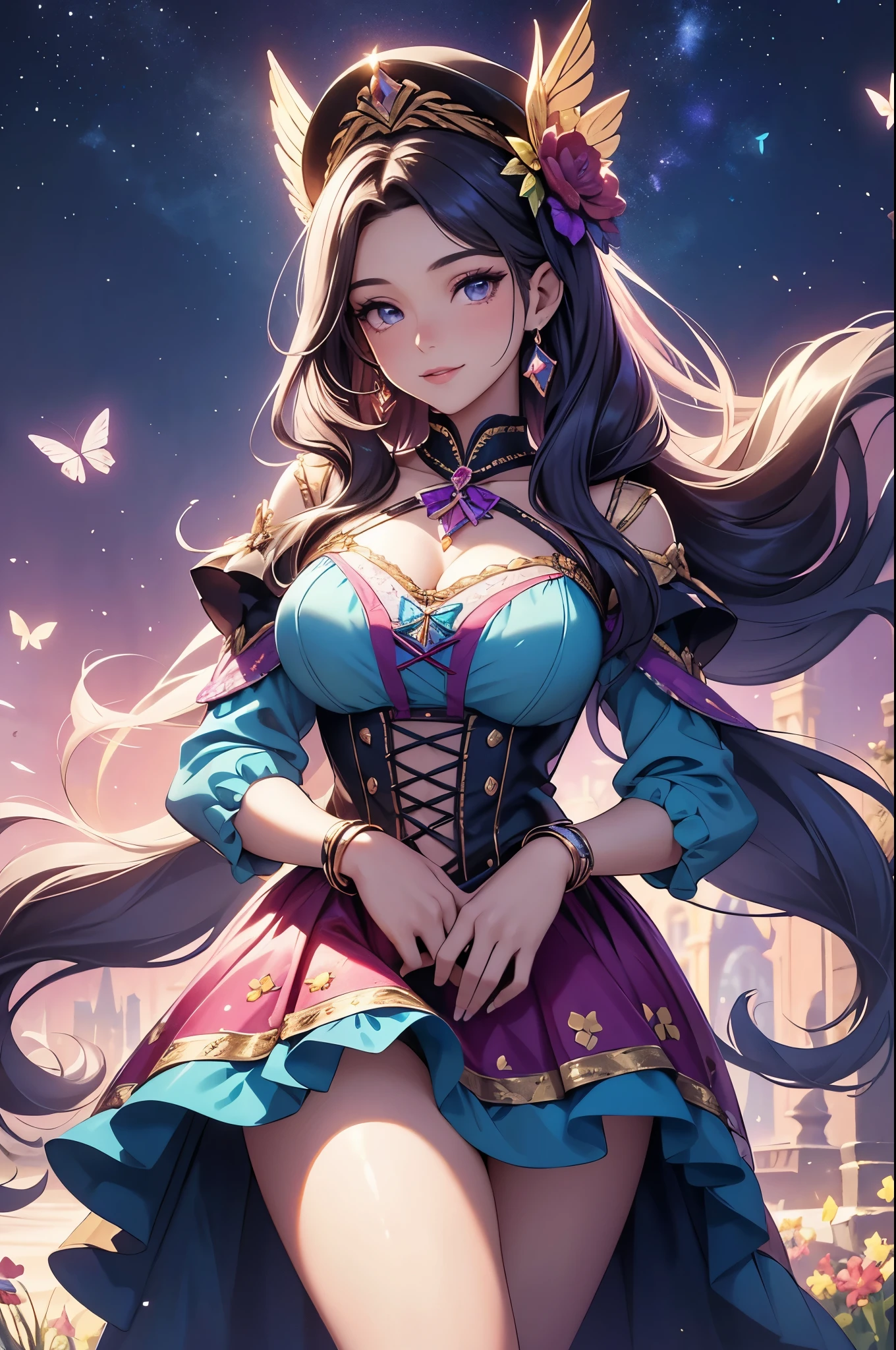 (best quality,4k,8k,highres,masterpiece:1.2),ultra-detailed,(realistic,photorealistic,photo-realistic:1.37),acrylic painting,beautiful Latina model in a ta dress with downy hair,beautiful Latina model with extremely colorful hair and detailed facial features,beautiful Latina model standing in a beautiful garden surrounded by a starry sky,beautiful Latina model wearing a vibrant Loliress,beautiful Latina model with intricate accessories and a matching hat,beautiful Latina model posing gracefully with her hands on her hips,beautiful Latina model with long flowing twintails,beautiful Latina model with bright blue eyes and rosy lips,beautiful Latina model with a joyful expression,beautiful Latina model in a dynamic pose with cherry blossoms falling around her,beautiful Latina model surrounded by colorful flowers and butterflies,beautiful Latina model's dress adorned with cute bows and lace details,beautiful Latina model with an enchanting smile,beautiful Latina model with soft, pastel-colored shading,beautiful Latina model with a magical glow illuminating her,beautiful Latina model in a picturesque setting with a winding path leading to a magnificent castle,beautiful Latina model holding a microphone and singing passionately,beautiful Latina model with a fairytale-like background,beautiful Latina model with a soft, dreamy atmosphere,beautiful Latina model with a subtle bokeh effect,beautiful Latina model standing under a moonlit sky,beautiful Latina model with a warm, golden sunset in the background,beautiful Latina model surrounded by twinkling stars and colorful nebulae,creating an ethereal and captivating artistic masterpiece.