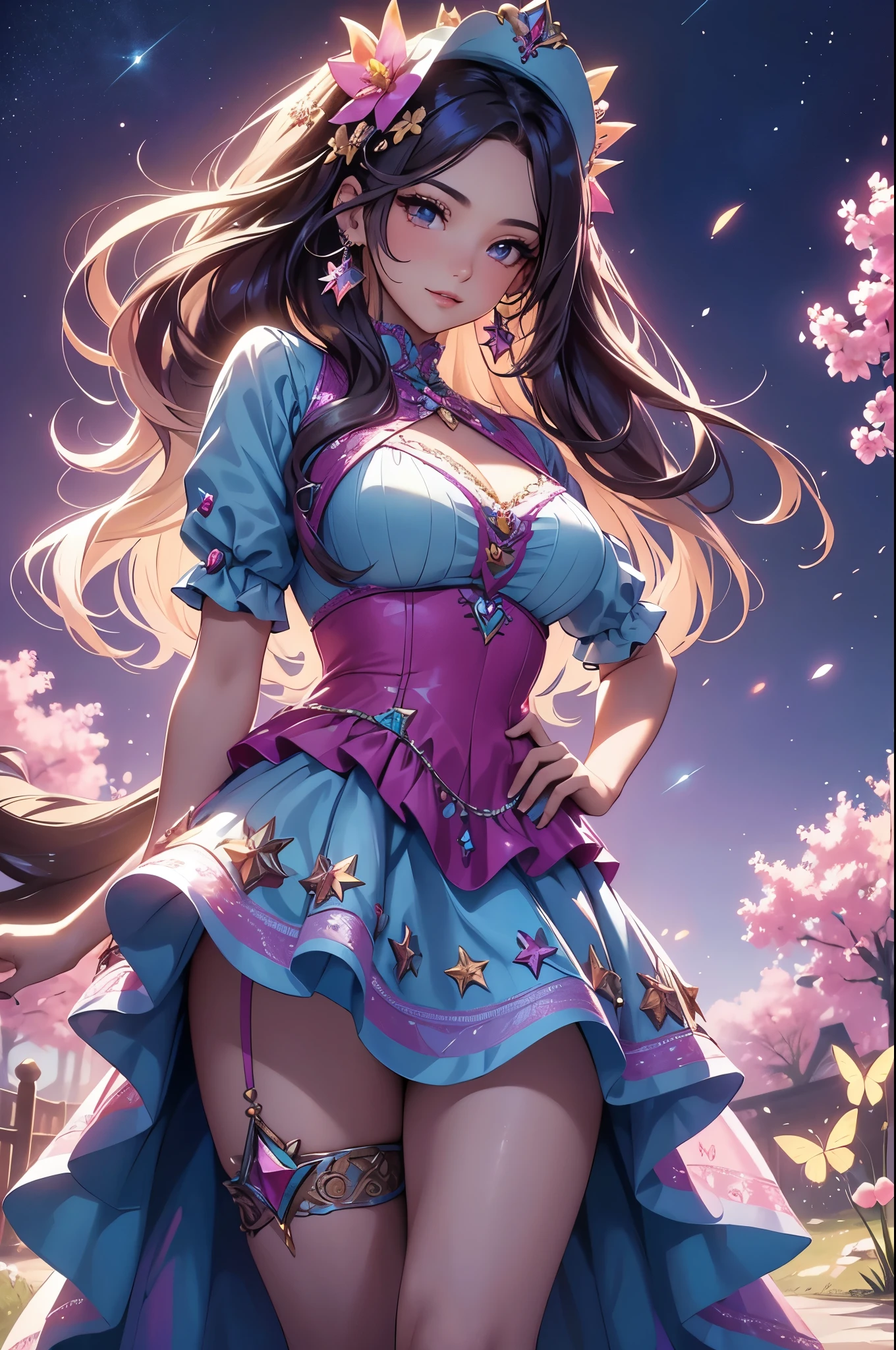 (best quality,4k,8k,highres,masterpiece:1.2),ultra-detailed,(realistic,photorealistic,photo-realistic:1.37),acrylic painting,beautiful Latina model in a ta dress with downy hair,beautiful Latina model with extremely colorful hair and detailed facial features,beautiful Latina model standing in a beautiful garden surrounded by a starry sky,beautiful Latina model wearing a vibrant Loliress,beautiful Latina model with intricate accessories and a matching hat,beautiful Latina model posing gracefully with her hands on her hips,beautiful Latina model with long flowing twintails,beautiful Latina model with bright blue eyes and rosy lips,beautiful Latina model with a joyful expression,beautiful Latina model in a dynamic pose with cherry blossoms falling around her,beautiful Latina model surrounded by colorful flowers and butterflies,beautiful Latina model's dress adorned with cute bows and lace details,beautiful Latina model with an enchanting smile,beautiful Latina model with soft, pastel-colored shading,beautiful Latina model with a magical glow illuminating her,beautiful Latina model in a picturesque setting with a winding path leading to a magnificent castle,beautiful Latina model holding a microphone and singing passionately,beautiful Latina model with a fairytale-like background,beautiful Latina model with a soft, dreamy atmosphere,beautiful Latina model with a subtle bokeh effect,beautiful Latina model standing under a moonlit sky,beautiful Latina model with a warm, golden sunset in the background,beautiful Latina model surrounded by twinkling stars and colorful nebulae,creating an ethereal and captivating artistic masterpiece.