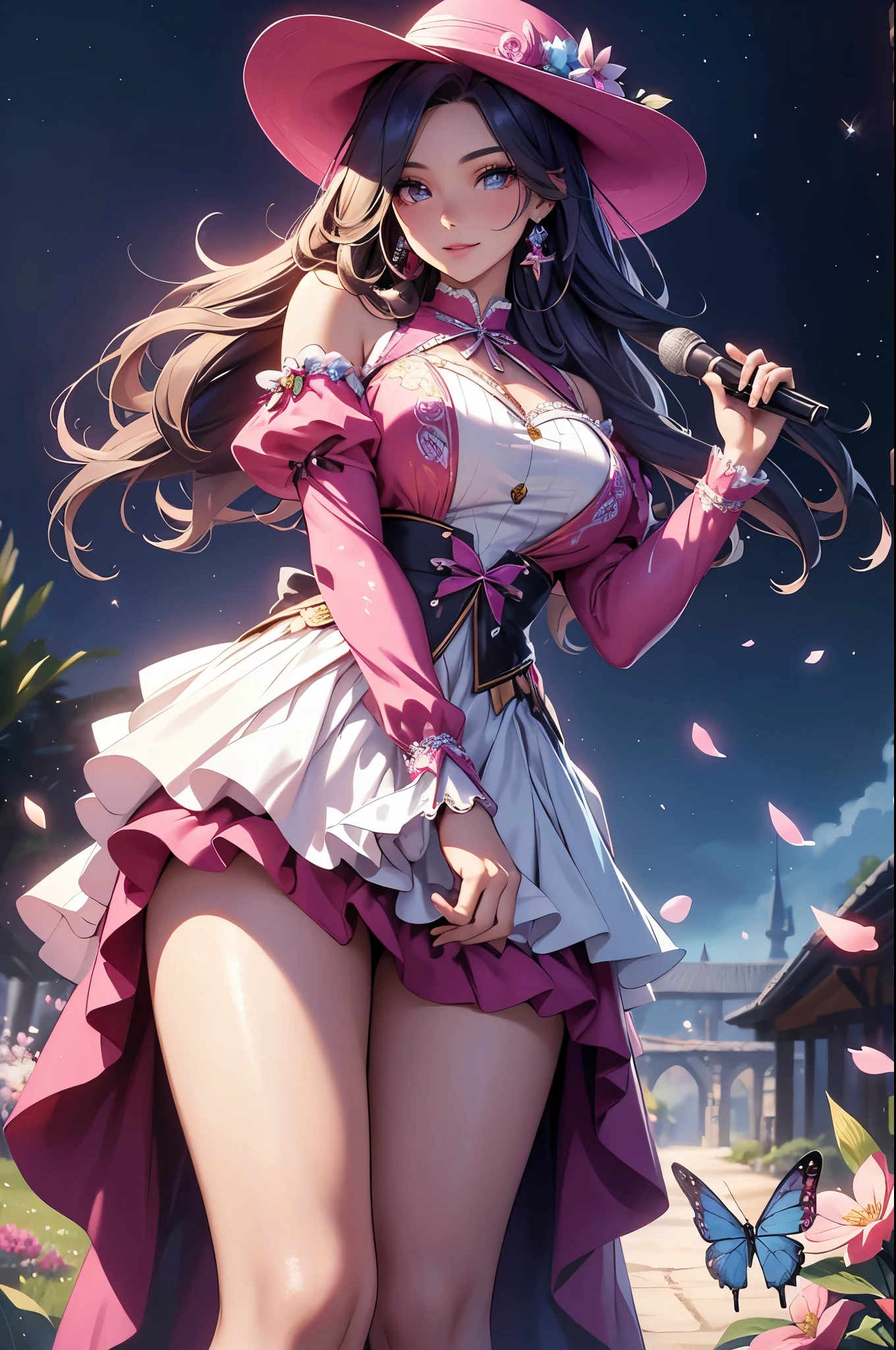 (best quality,4k,8k,highres,masterpiece:1.2),ultra-detailed,(realistic,photorealistic,photo-realistic:1.37),acrylic painting,beautiful Latina model in a ta dress with downy hair,beautiful Latina model with extremely colorful hair and detailed facial features,beautiful Latina model standing in a beautiful garden surrounded by a starry sky,beautiful Latina model wearing a vibrant Loliress,beautiful Latina model with intricate accessories and a matching hat,beautiful Latina model posing gracefully with her hands on her hips,beautiful Latina model with long flowing twintails,beautiful Latina model with bright blue eyes and rosy lips,beautiful Latina model with a joyful expression,beautiful Latina model in a dynamic pose with cherry blossoms falling around her,beautiful Latina model surrounded by colorful flowers and butterflies,beautiful Latina model's dress adorned with cute bows and lace details,beautiful Latina model with an enchanting smile,beautiful Latina model with soft, pastel-colored shading,beautiful Latina model with a magical glow illuminating her,beautiful Latina model in a picturesque setting with a winding path leading to a magnificent castle,beautiful Latina model holding a microphone and singing passionately,beautiful Latina model with a fairytale-like background,beautiful Latina model with a soft, dreamy atmosphere,beautiful Latina model with a subtle bokeh effect,beautiful Latina model standing under a moonlit sky,beautiful Latina model with a warm, golden sunset in the background,beautiful Latina model surrounded by twinkling stars and colorful nebulae,creating an ethereal and captivating artistic masterpiece.