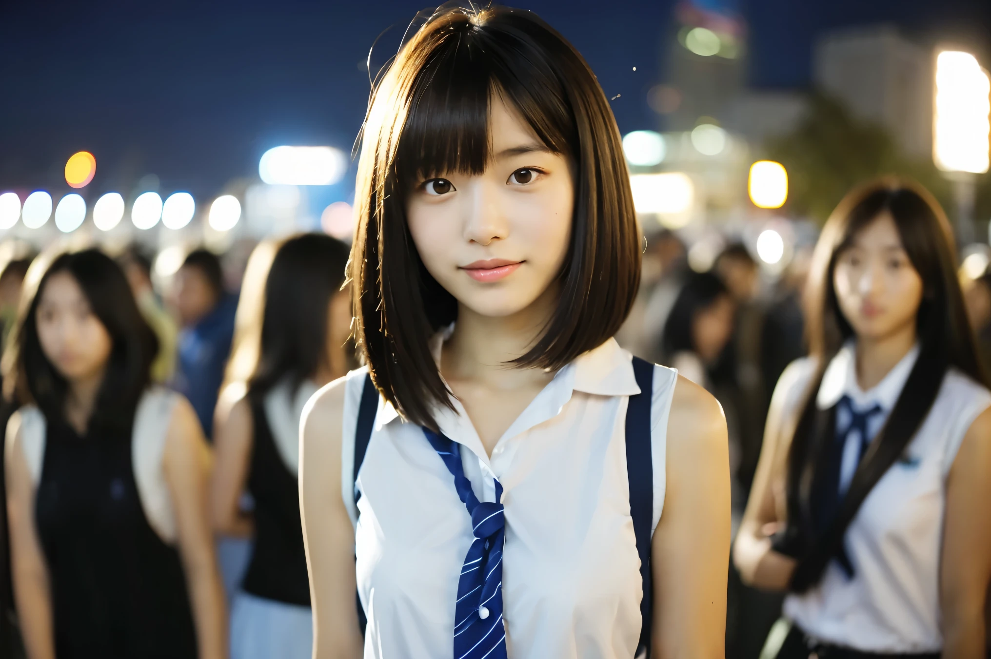 Very detailed　super high quality　super high quality　Surreal　photograph　3 Japanese girls　Very detailed　(Each girl has a different hairstyle randomly、A different face:1.3) 　smile　Fair skin　16 years old　((Half-open lips:1.3))　Beautiful and soft skin　((Beautifully styled straight short hair))  Beautiful and perfect body　very cute　Beautiful young man with clear skin々New Skins　16 years old　(High school girl wearing a sleeveless shirt) Big Breasts　whole body　Everyday City　Busy city　　((night))　audience&#39;perspective　　Front view　　(Big Breasts:1.3)   (Cleavage)　(Amazingly cute girl:1.3)　　(whole bodyポートレート)　