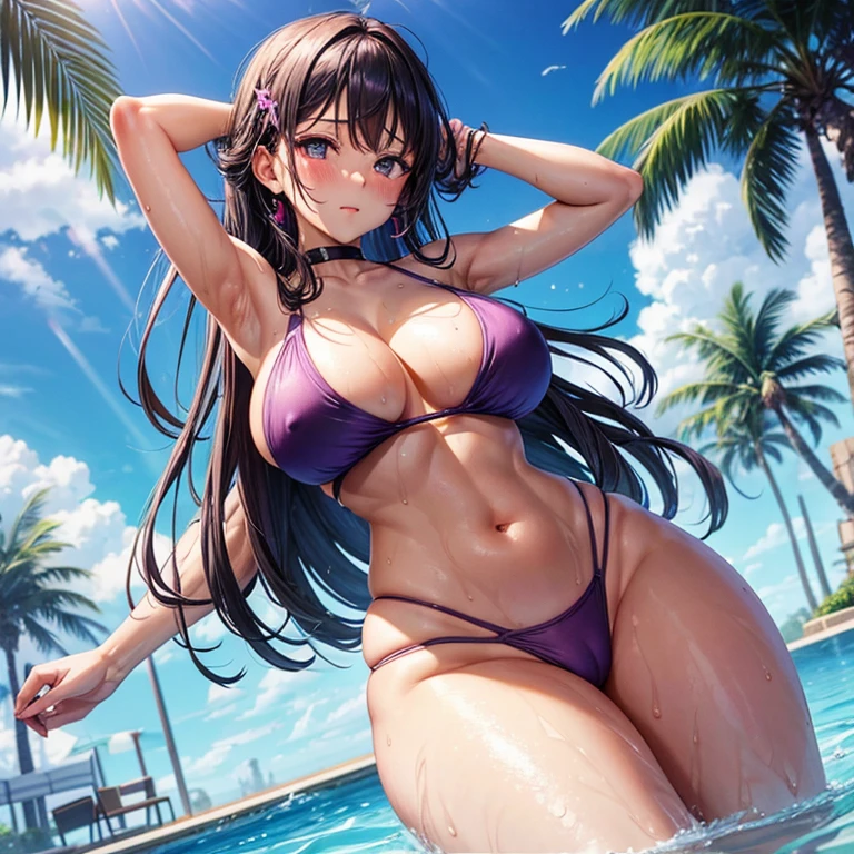 Hinata,1 girl,One, Beautiful, thick thighs, huge breasts, In a purple gradient bikini, in a swimming pool,clear eyes, realistic students, very detailed eye, Ideal Anatomy, good anatomy, good composition, armpits, sweating, Mother, Motherша, thick thighs, lubrication of the skin of the groin area, oily skin, red armpits, sweat armpits