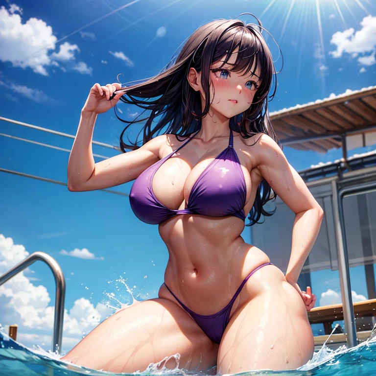 Hinata,1 girl,One, Beautiful, thick thighs, huge breasts, In a purple gradient bikini, in a swimming pool,clear eyes, realistic students, very detailed eye, Ideal Anatomy, good anatomy, good composition, armpits, sweating, Mother, Motherша, thick thighs, lubrication of the skin of the groin area, oily skin, red armpits, sweat armpits